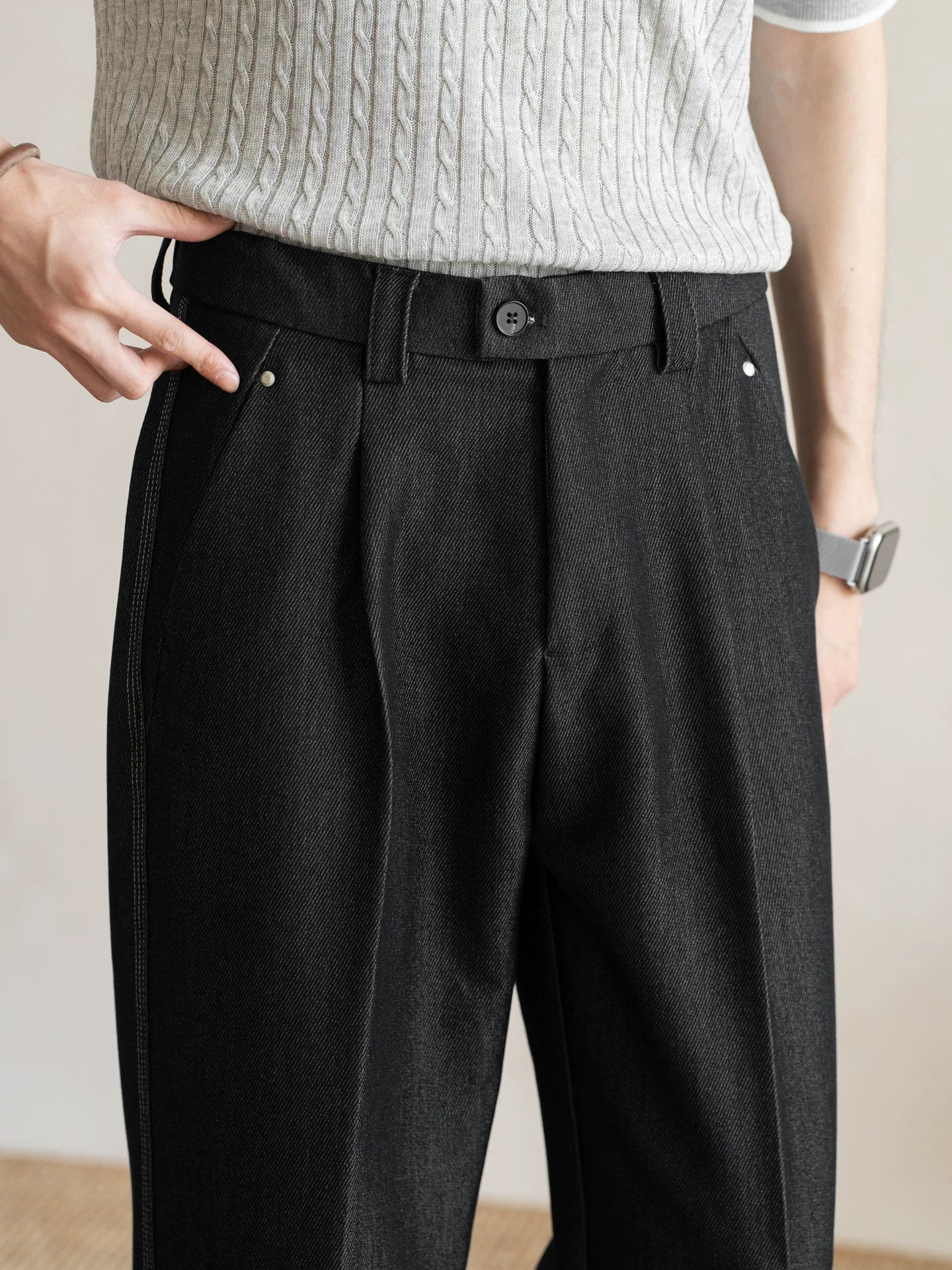 Retro Single-Pleated Textured Straight Trousers with Cool-Touch Stretch - CHARCOAL BLACK