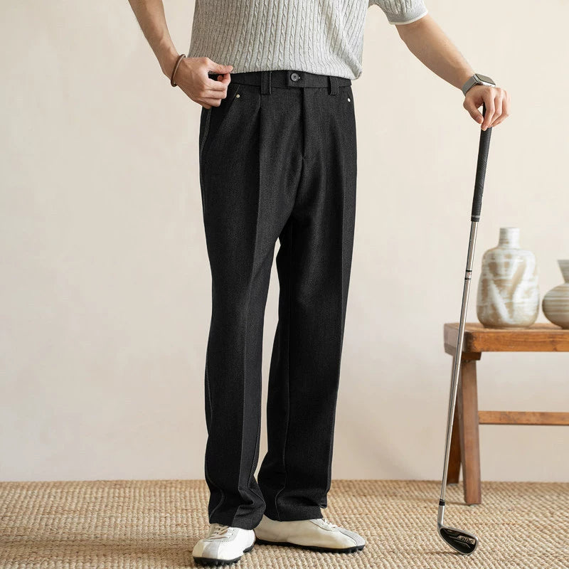 Retro Single-Pleated Textured Straight Trousers with Cool-Touch Stretch - CHARCOAL BLACK