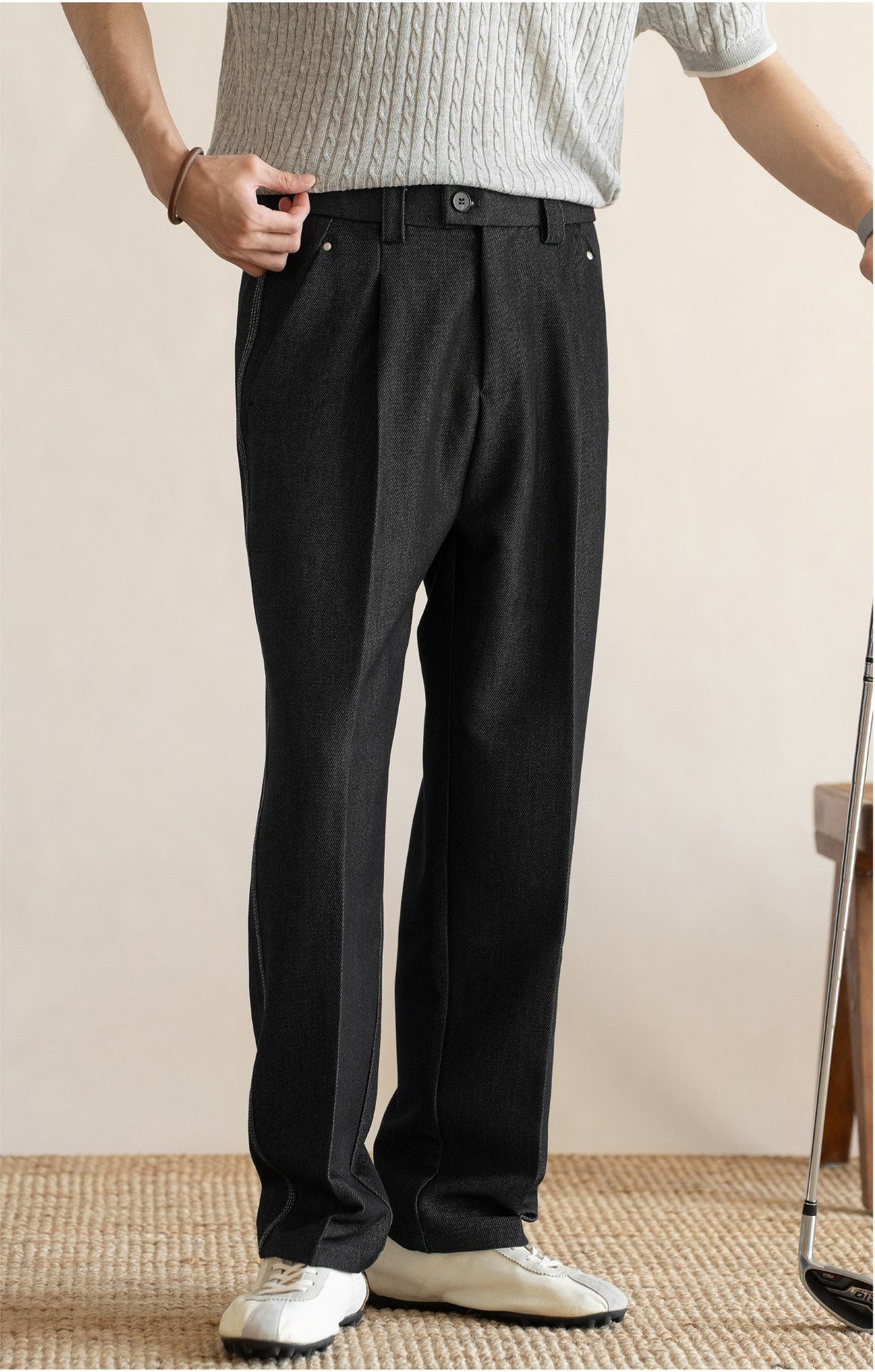 Retro Single-Pleated Textured Straight Trousers with Cool-Touch Stretch - CHARCOAL BLACK