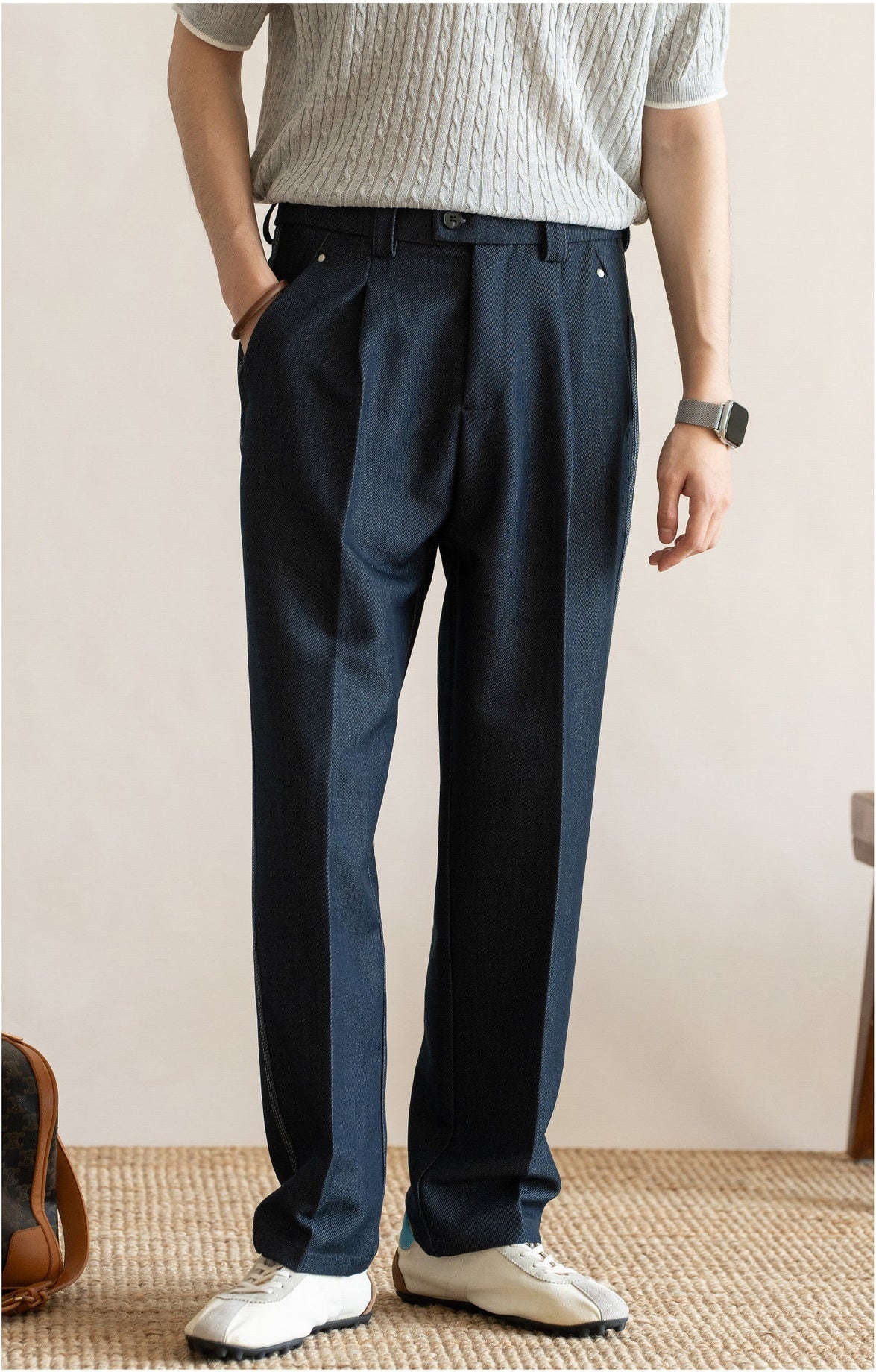 Retro Single-Pleated Textured Straight Trousers with Cool-Touch Stretch - NAVY BLUE