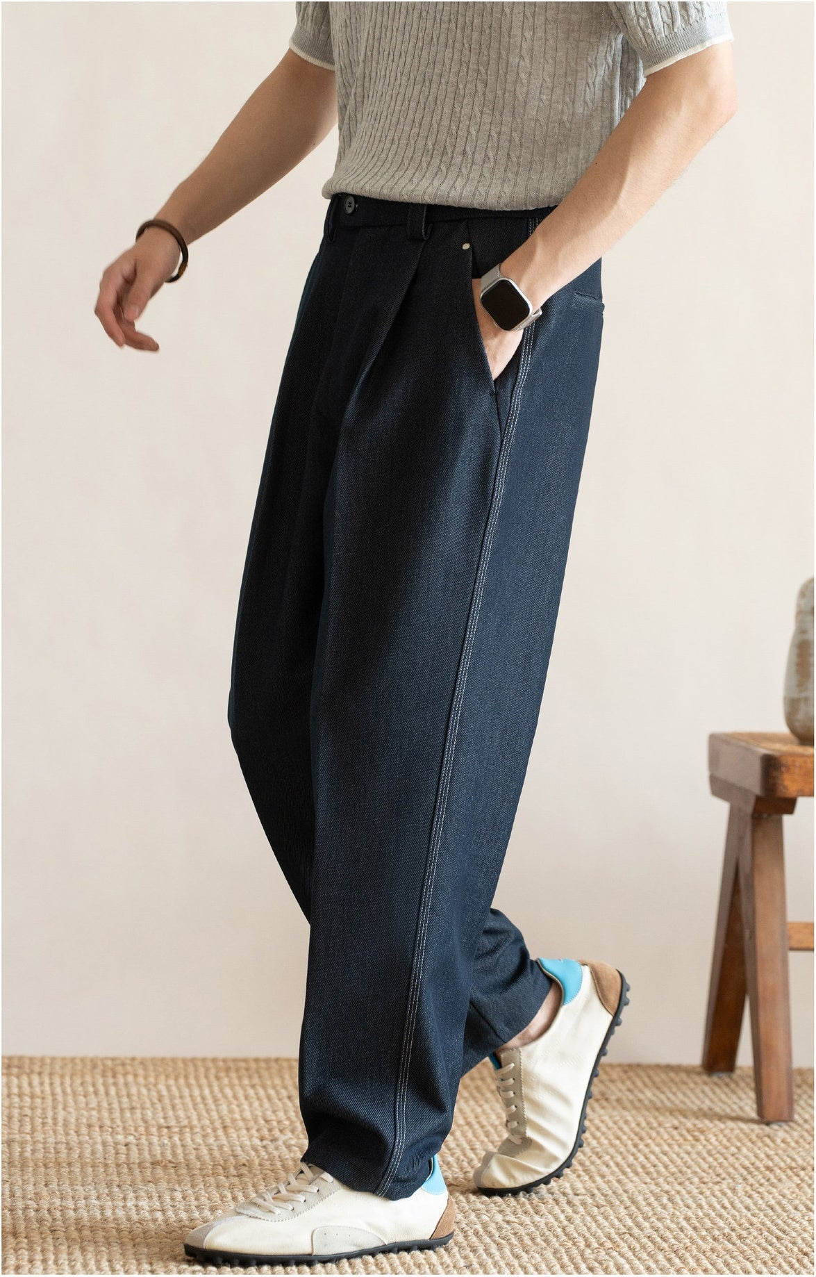Retro Single-Pleated Textured Straight Trousers with Cool-Touch Stretch - NAVY BLUE