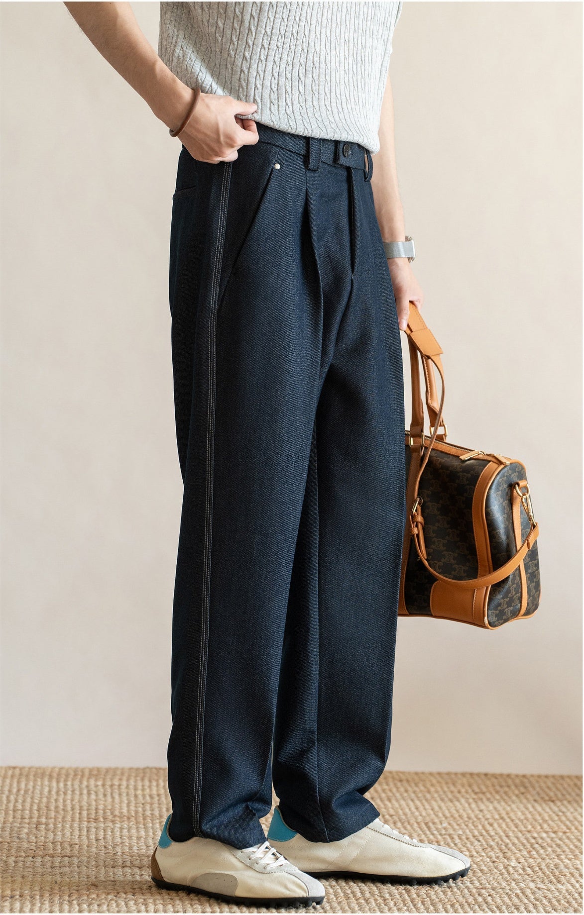 Retro Single-Pleated Textured Straight Trousers with Cool-Touch Stretch - NAVY BLUE