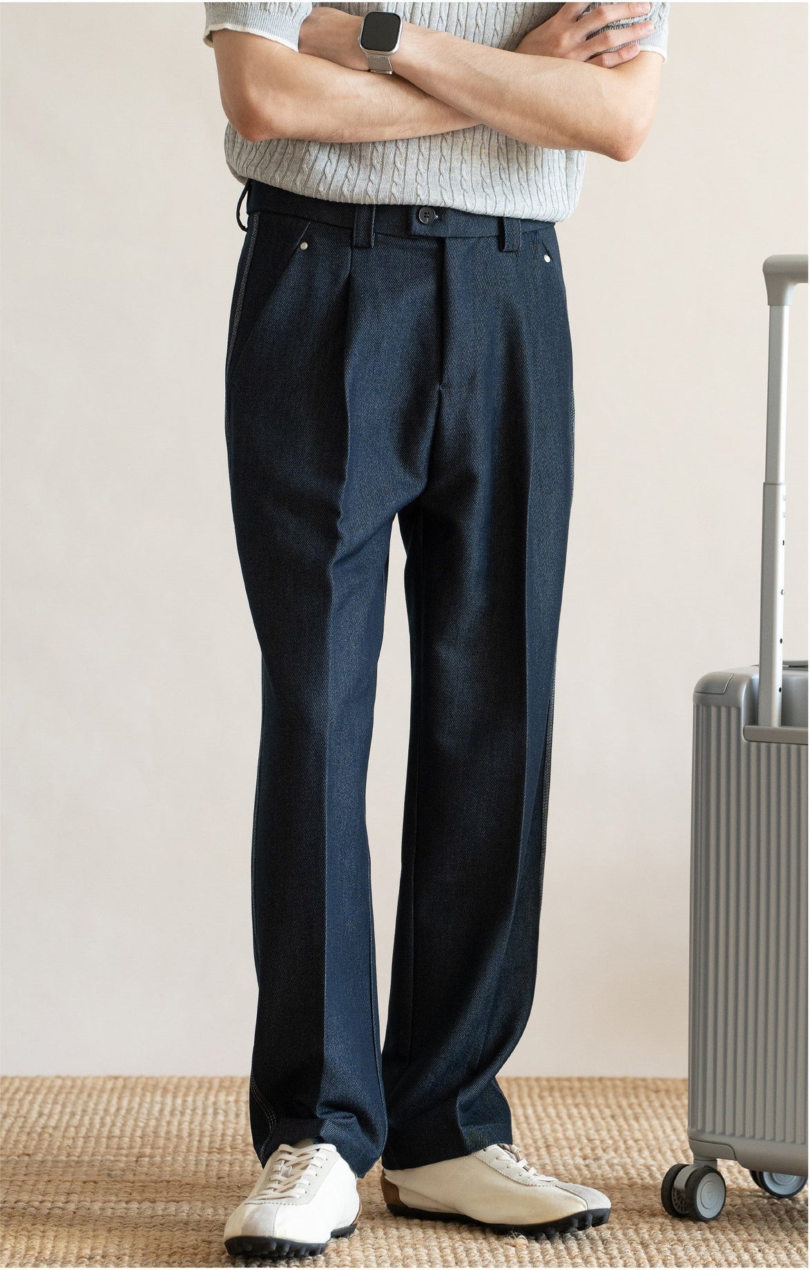 Retro Single-Pleated Textured Straight Trousers with Cool-Touch Stretch - NAVY BLUE