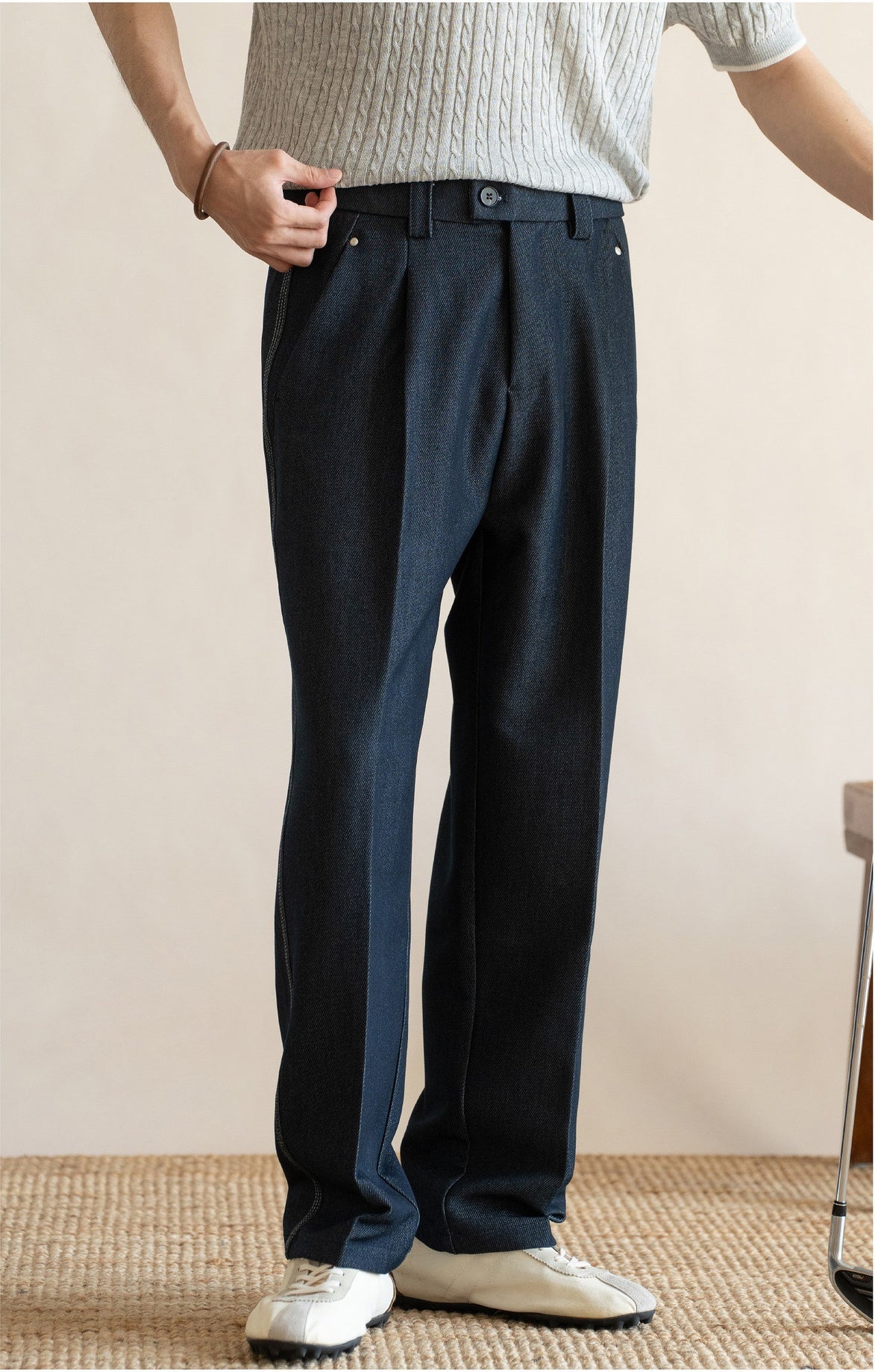 Retro Single-Pleated Textured Straight Trousers with Cool-Touch Stretch - NAVY BLUE