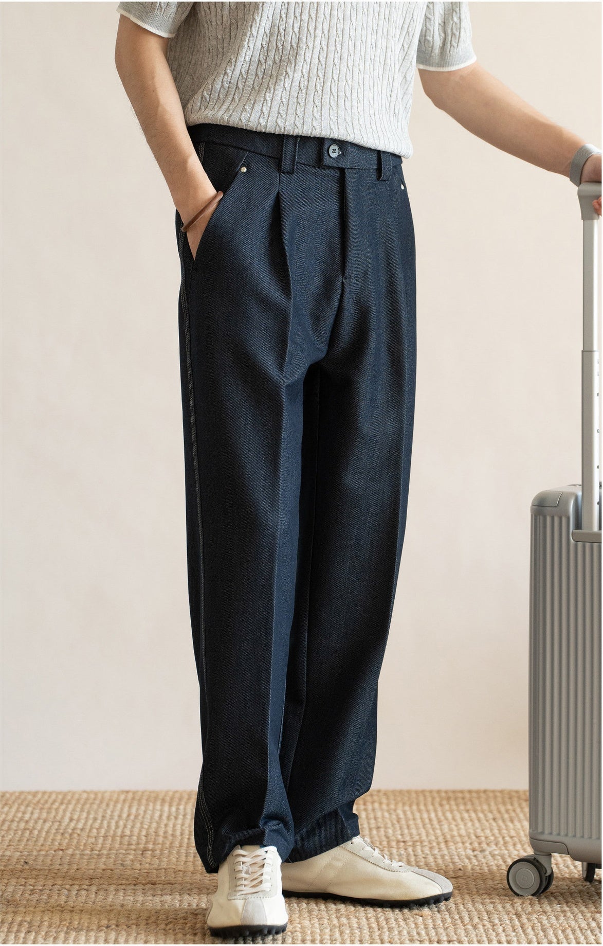 Retro Single-Pleated Textured Straight Trousers with Cool-Touch Stretch - NAVY BLUE