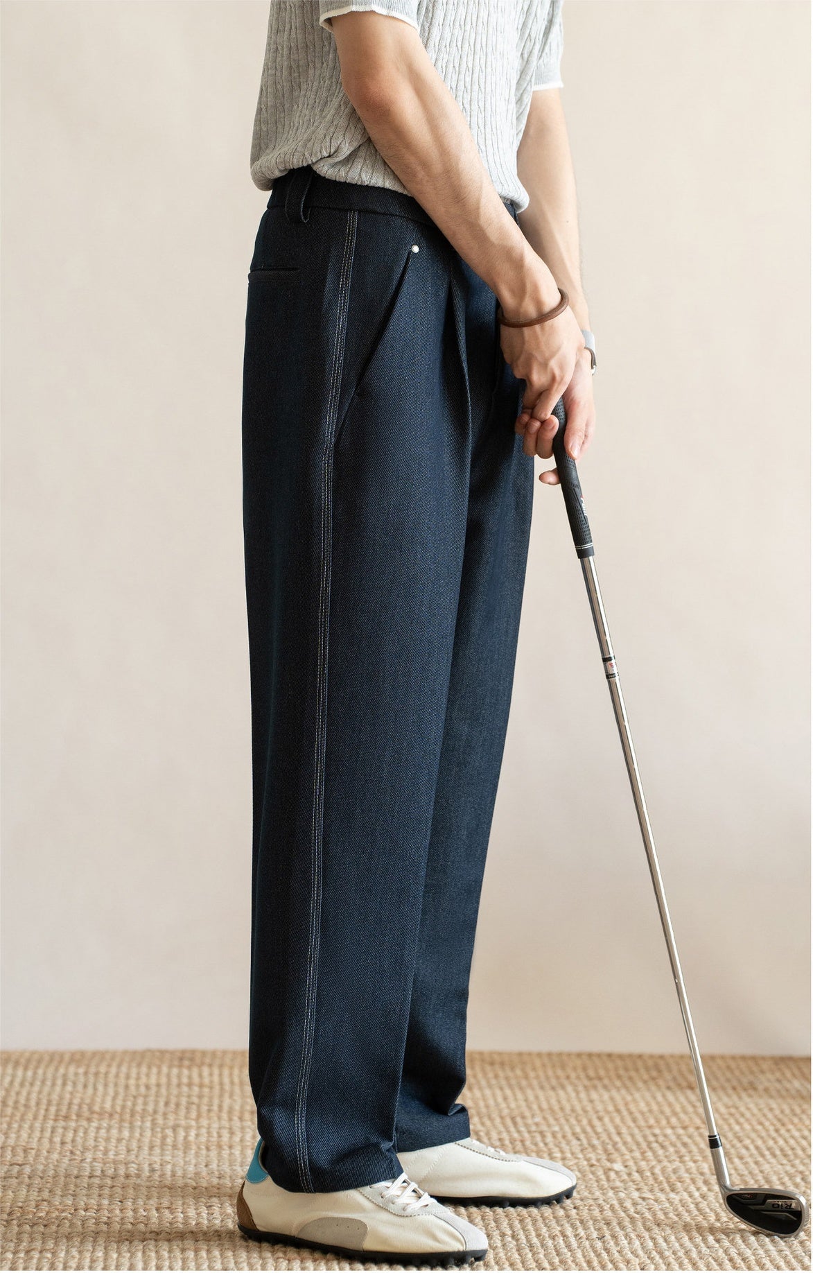 Retro Single-Pleated Textured Straight Trousers with Cool-Touch Stretch - NAVY BLUE