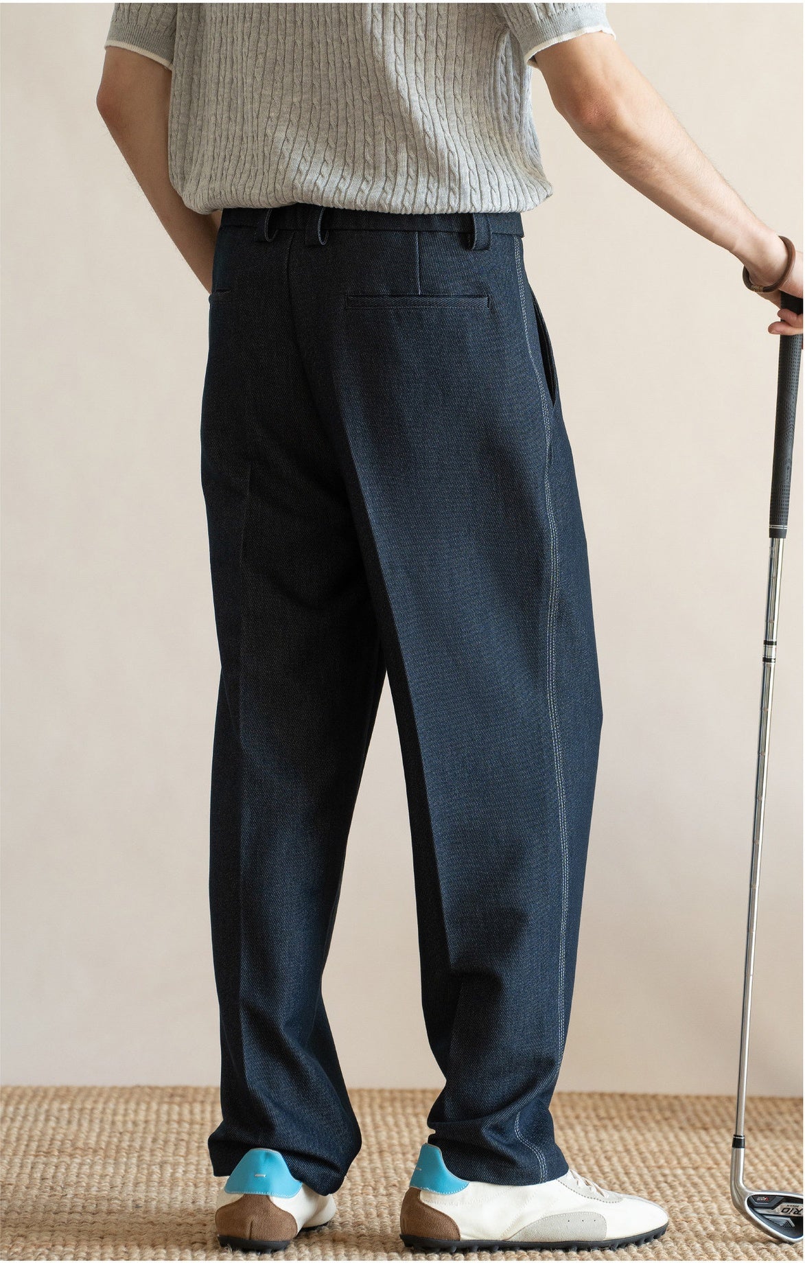 Retro Single-Pleated Textured Straight Trousers with Cool-Touch Stretch - NAVY BLUE