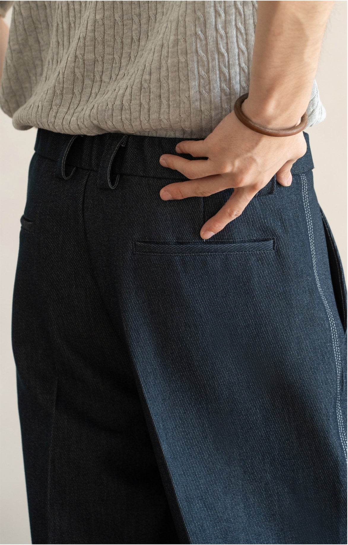 Retro Single-Pleated Textured Straight Trousers with Cool-Touch Stretch - NAVY BLUE
