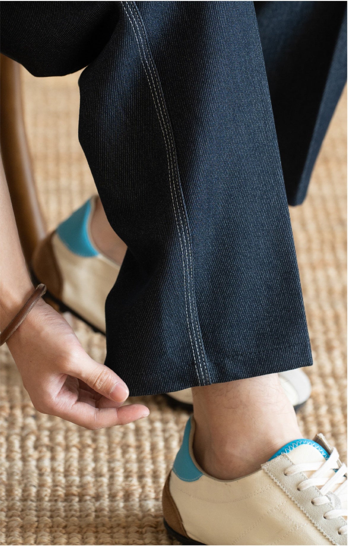 Retro Single-Pleated Textured Straight Trousers with Cool-Touch Stretch - NAVY BLUE