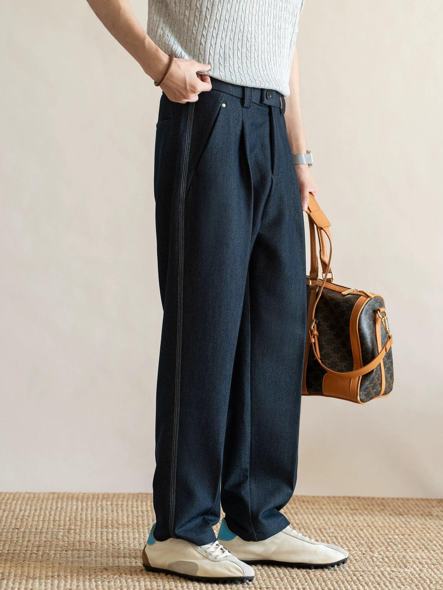 Retro Single-Pleated Textured Straight Trousers with Cool-Touch Stretch - NAVY BLUE