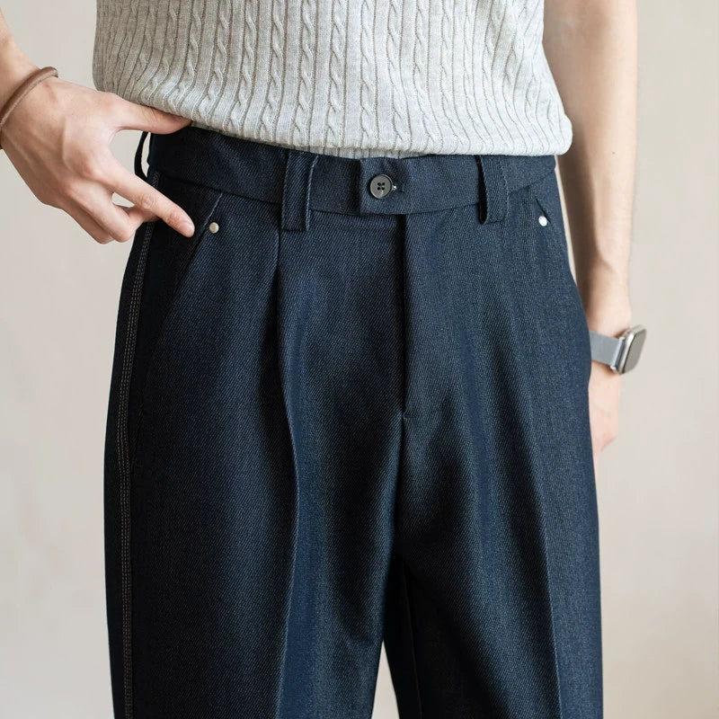 Retro Single-Pleated Textured Straight Trousers with Cool-Touch Stretch - NAVY BLUE