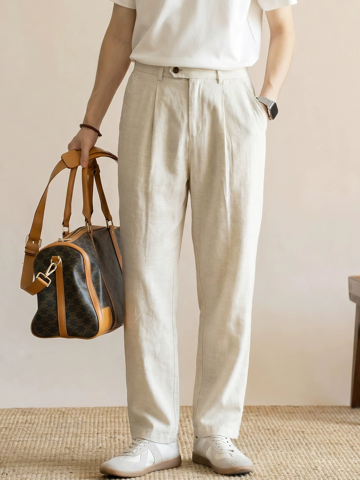 Men's Quiet Luxury 95% Lyocell-Linen Relaxed Trousers - Semi Elastic Waist - HEMP