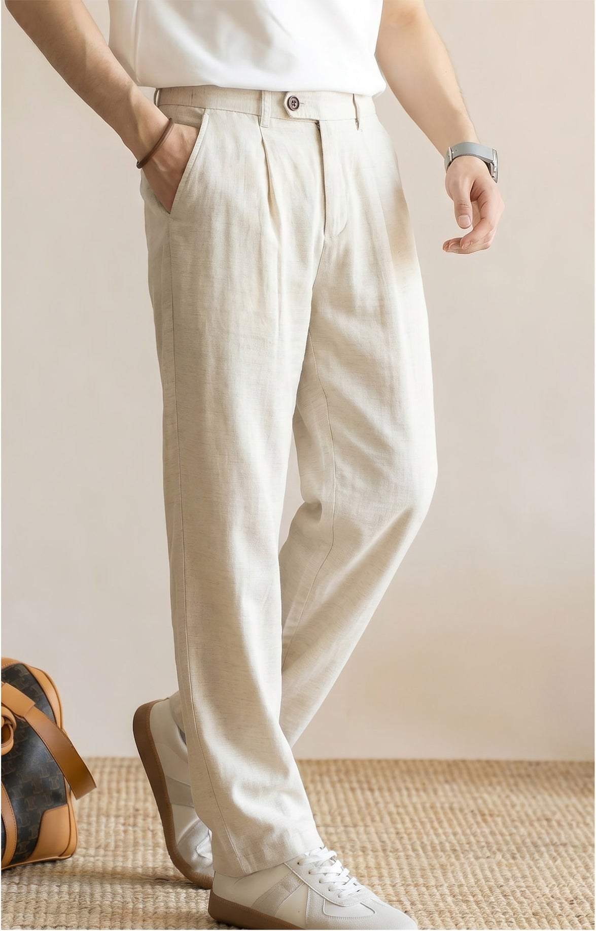 Men's Quiet Luxury 95% Lyocell-Linen Relaxed Trousers - Semi Elastic Waist - HEMP