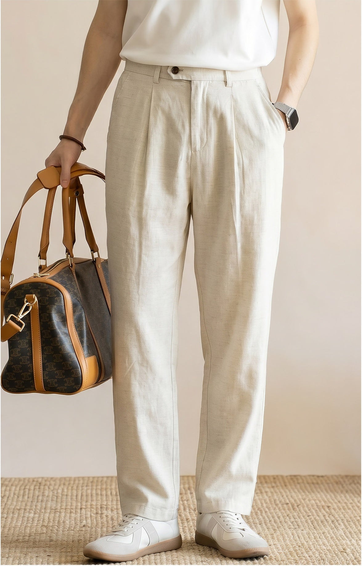 Men's Quiet Luxury 95% Lyocell-Linen Relaxed Trousers - Semi Elastic Waist - HEMP