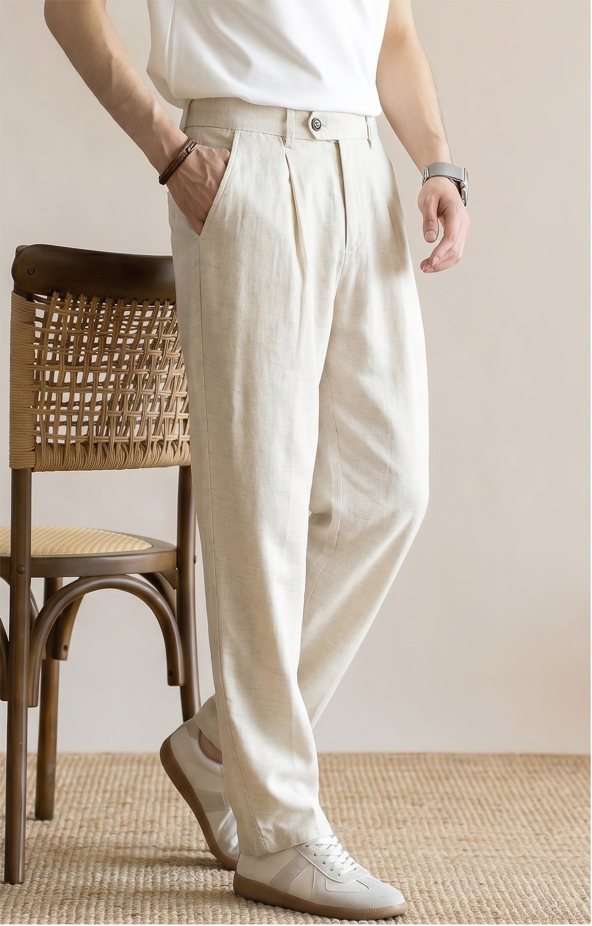 Men's Quiet Luxury 95% Lyocell-Linen Relaxed Trousers - Semi Elastic Waist - HEMP