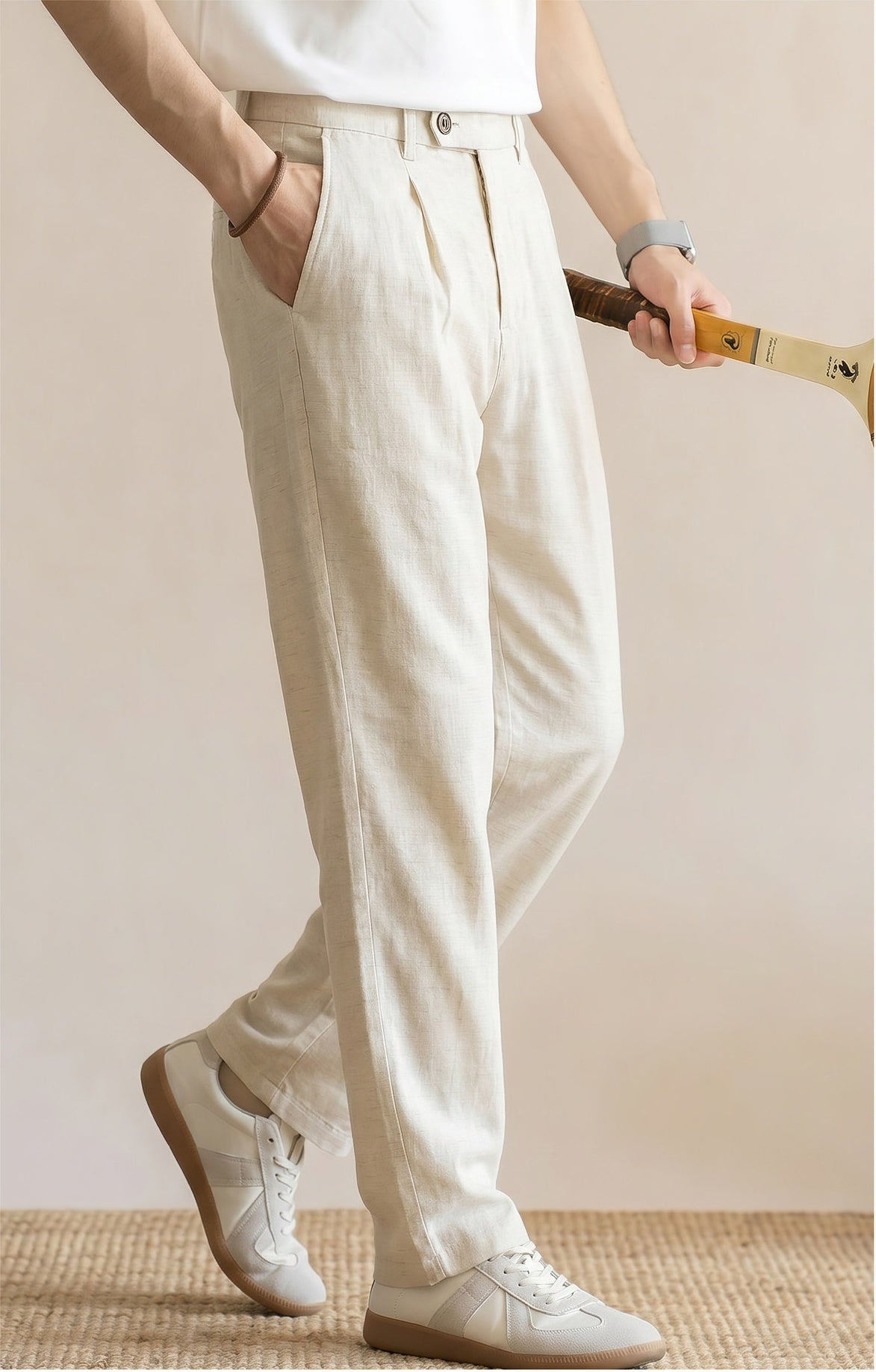Men's Quiet Luxury 95% Lyocell-Linen Relaxed Trousers - Semi Elastic Waist - HEMP