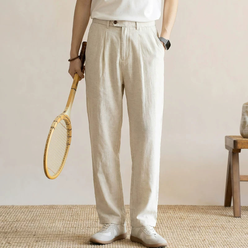 Men's Quiet Luxury 95% Lyocell-Linen Relaxed Trousers - Semi Elastic Waist - HEMP
