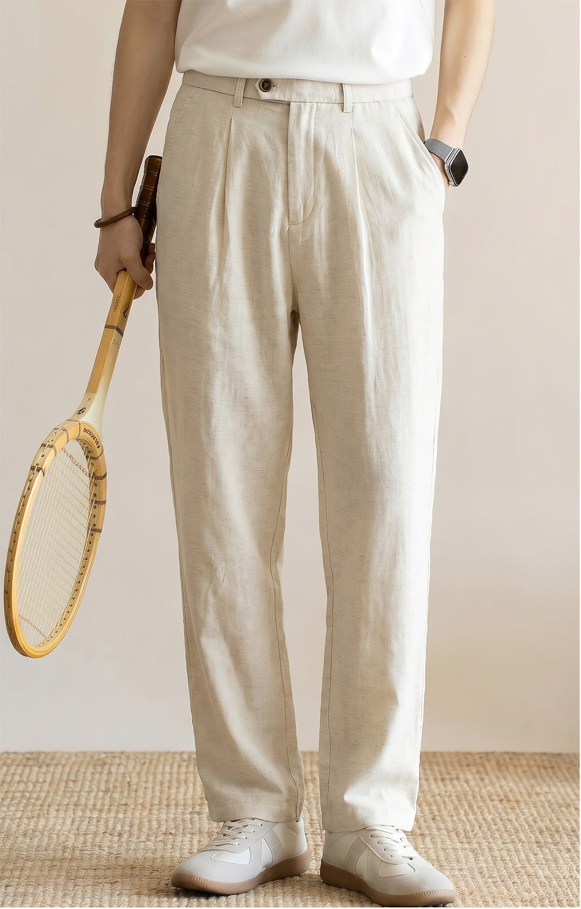 Men's Quiet Luxury 95% Lyocell-Linen Relaxed Trousers - Semi Elastic Waist - HEMP