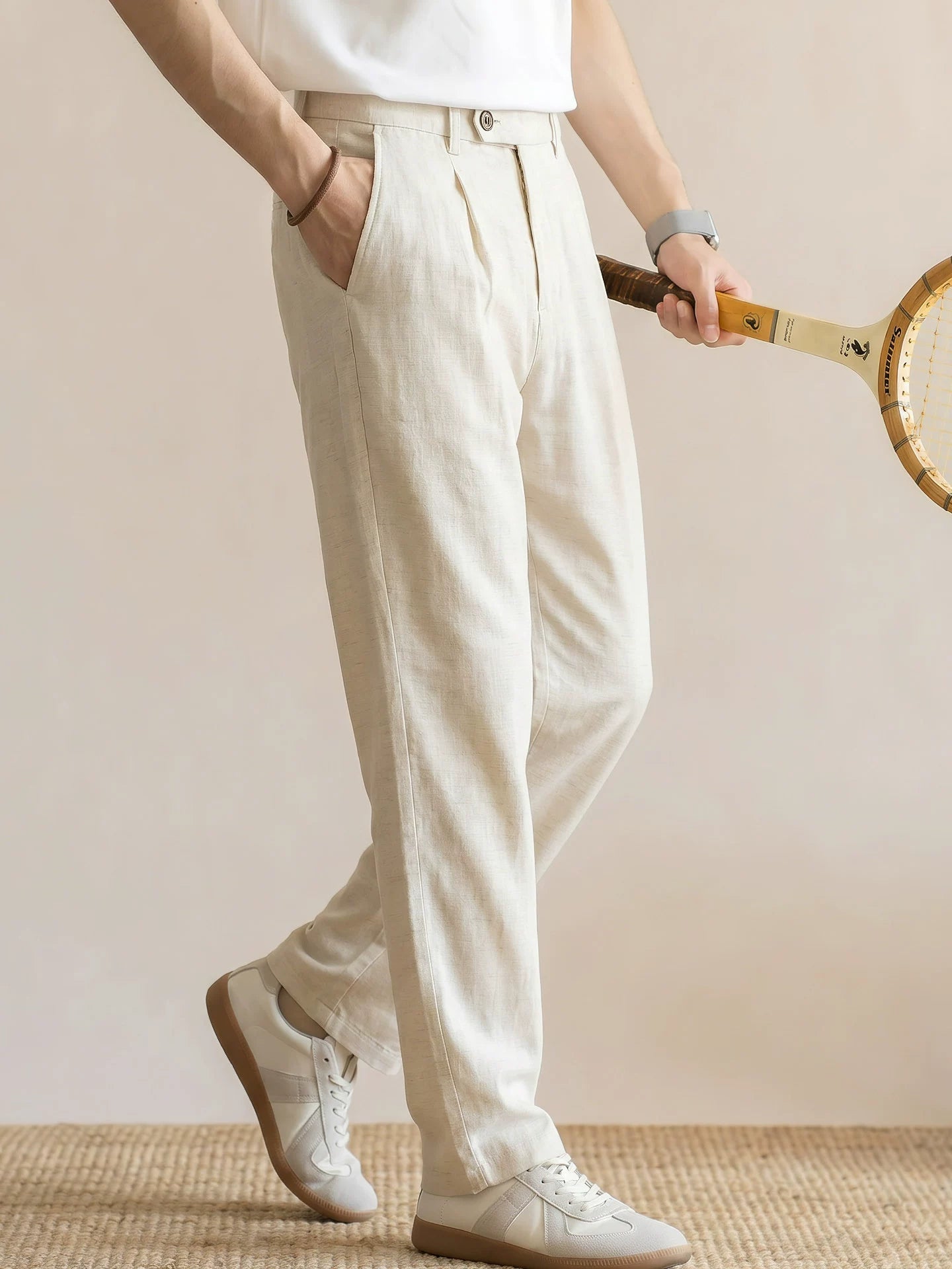 Men's Quiet Luxury 95% Lyocell-Linen Relaxed Trousers - Semi Elastic Waist - HEMP