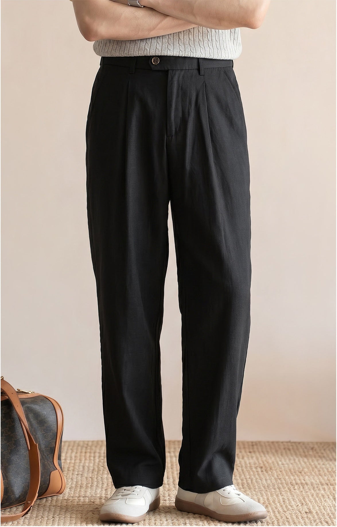 Men's Quiet Luxury 95% Lyocell-Linen Relaxed Trousers - Semi Elastic Waist