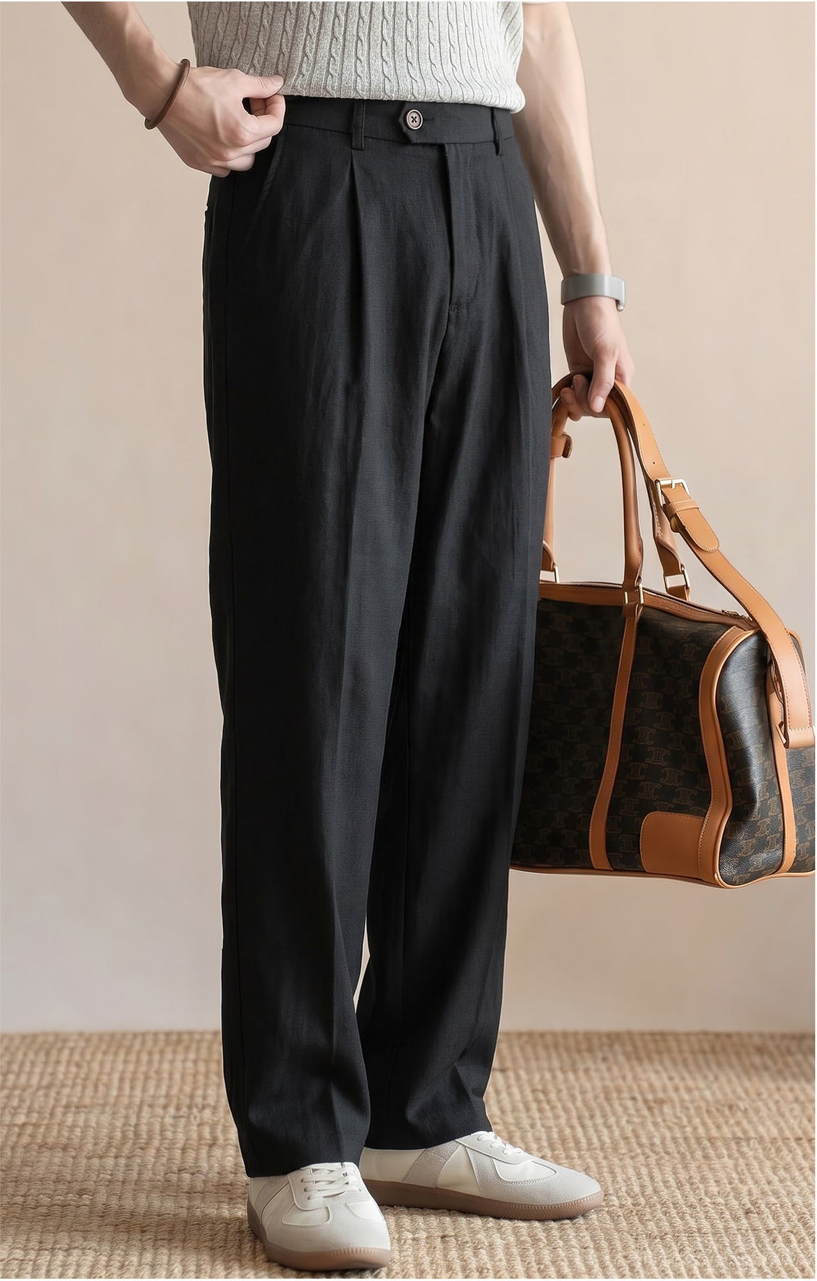 Men's Quiet Luxury 95% Lyocell-Linen Relaxed Trousers - Semi Elastic Waist
