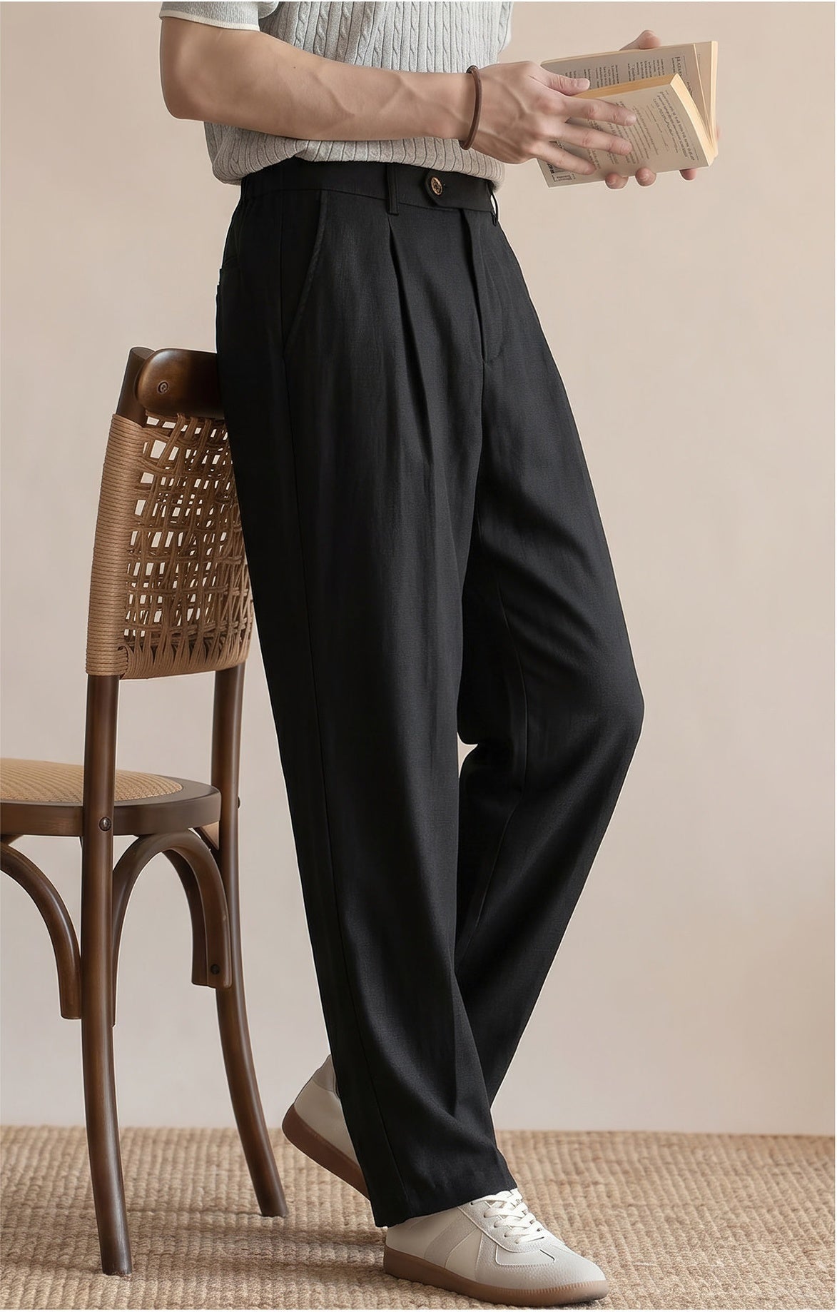 Men's Quiet Luxury 95% Lyocell-Linen Relaxed Trousers - Semi Elastic Waist