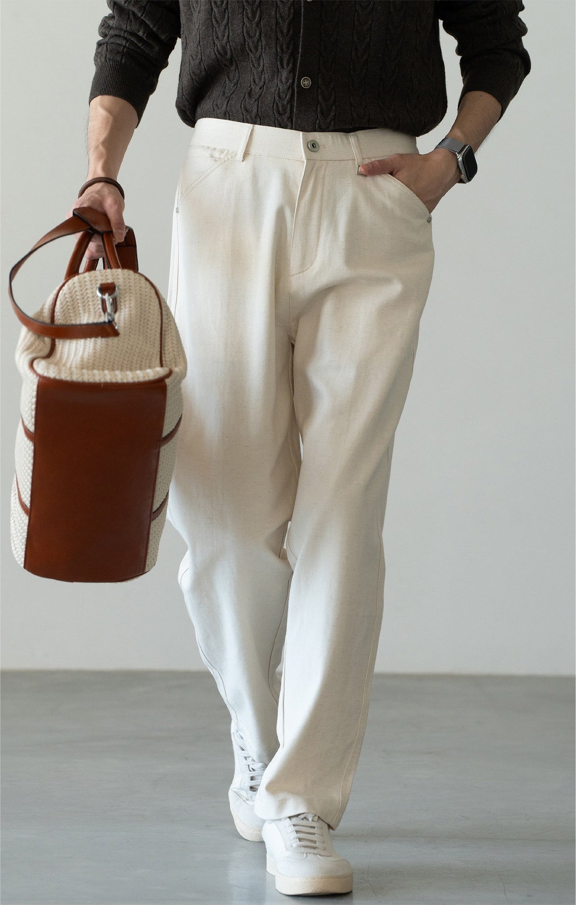 Men's Japanese-Textured 62% Cotton-Lyocell Cloud-Touch Straight Trousers - APRICOT