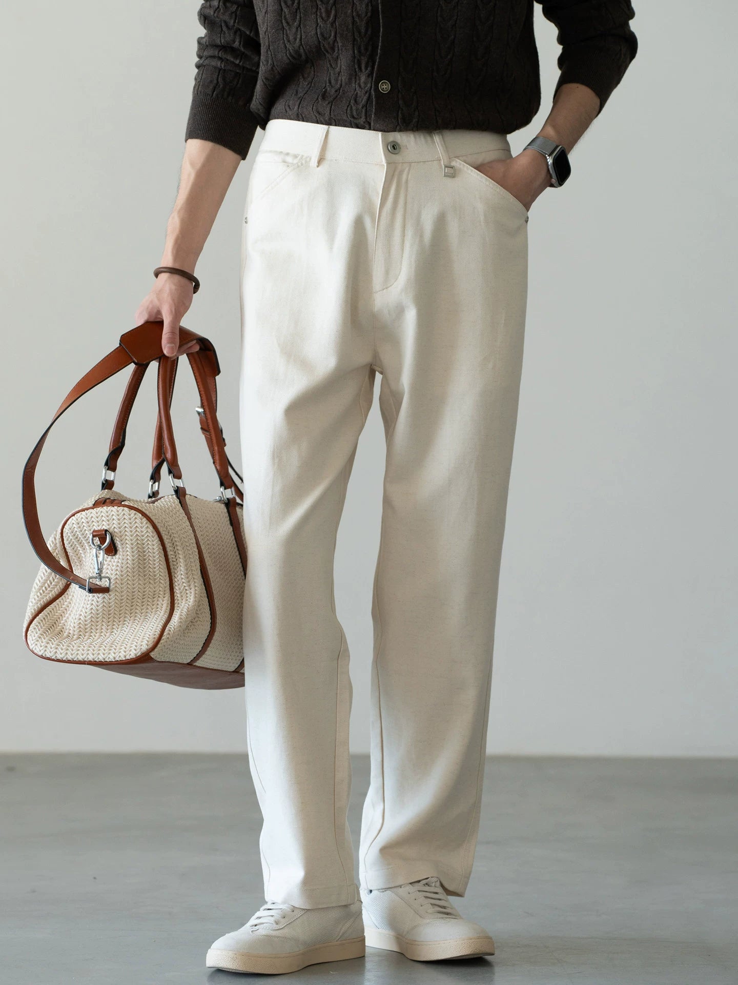 Men's Japanese-Textured 62% Cotton-Lyocell Cloud-Touch Straight Trousers - APRICOT