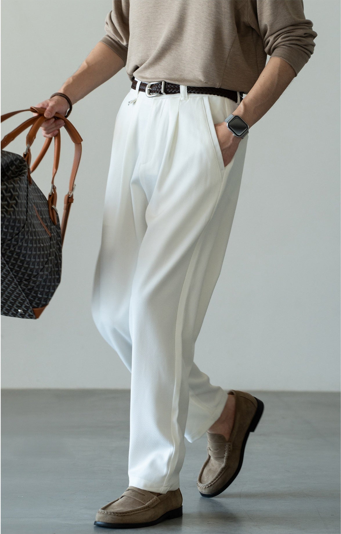 Men's Korean-Fit High-Stretch Lyocell Drape Travel Trousers – Wrinkle-Free - PEARL WHITE