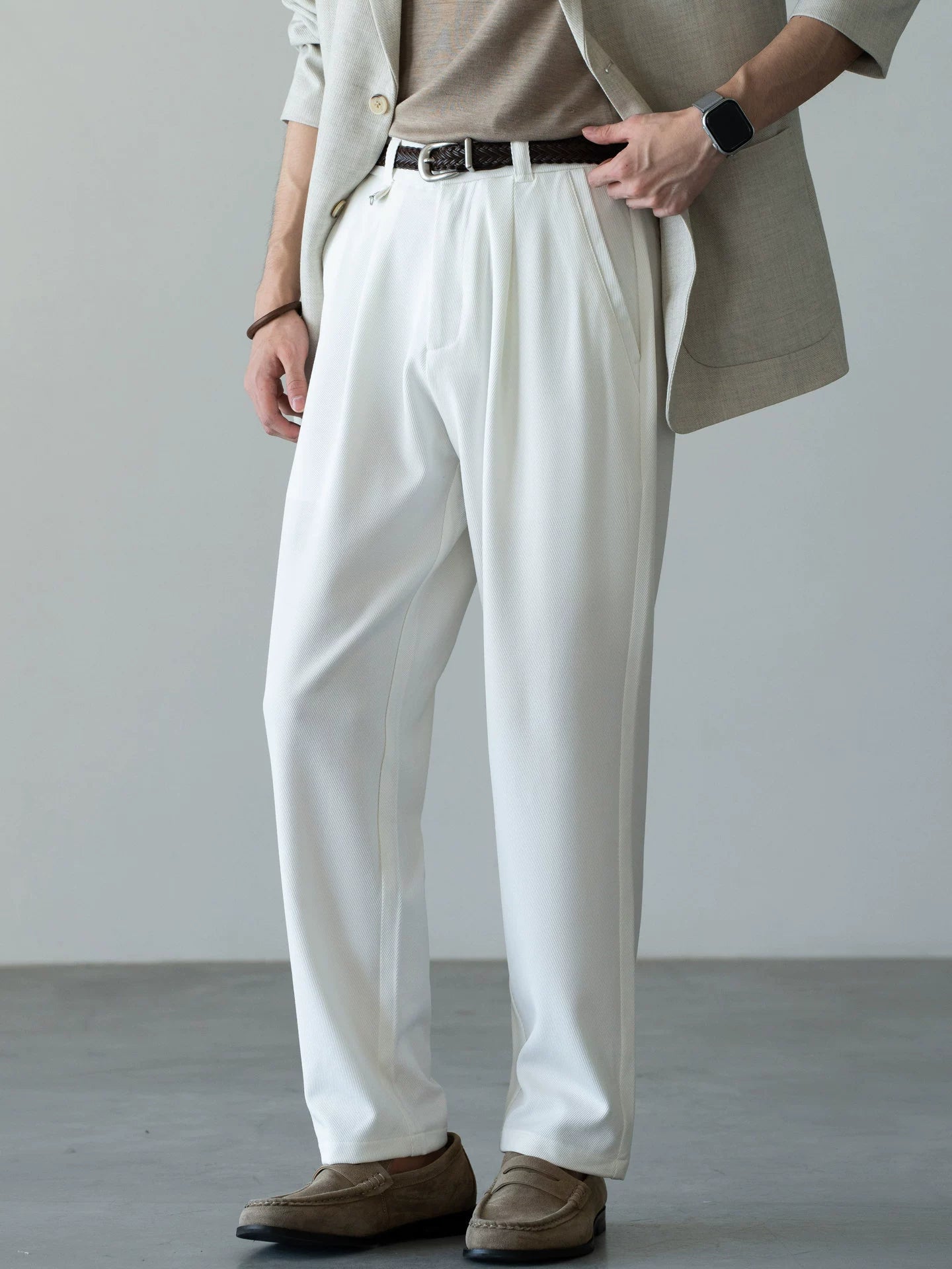 Men's Korean-Fit High-Stretch Lyocell Drape Travel Trousers – Wrinkle-Free - PEARL WHITE