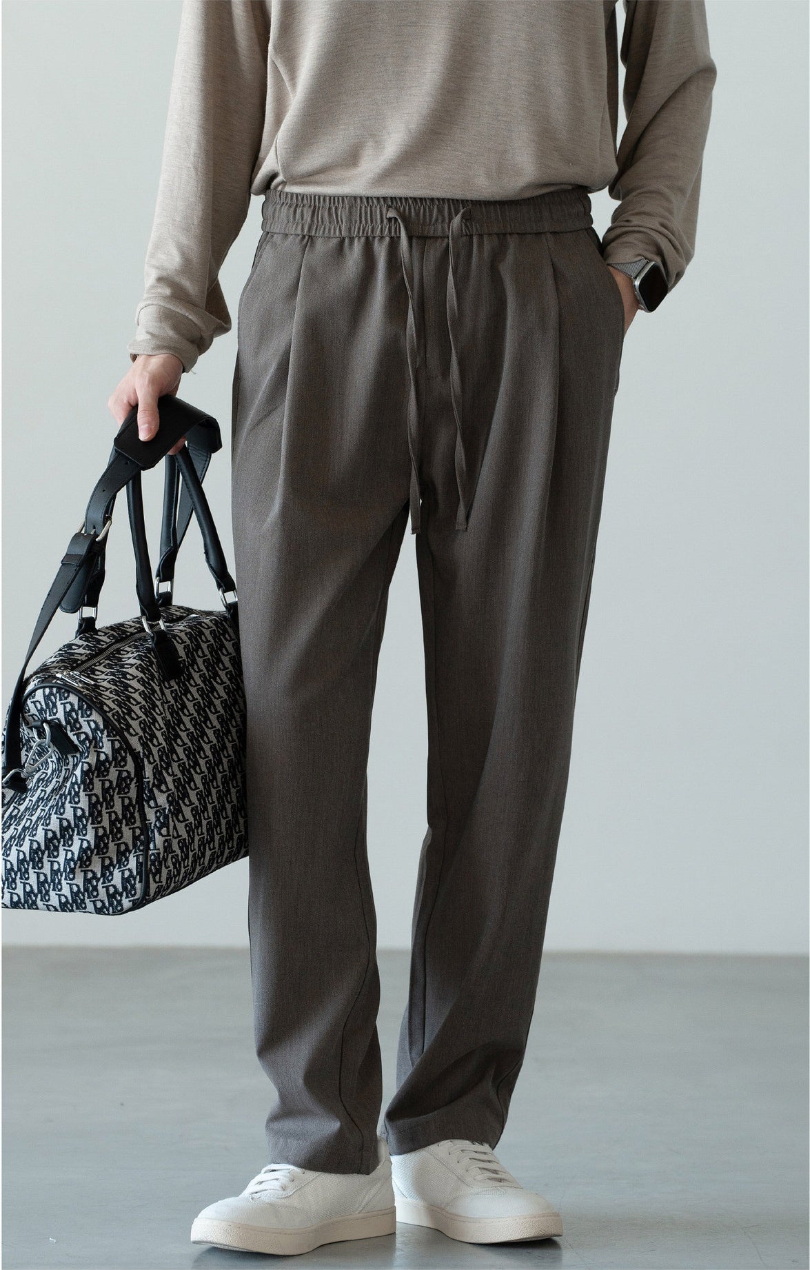 Men's Wool-Blend Relaxed Tapered Commuter Trousers - Drawstring Elastic Waist  - GREY