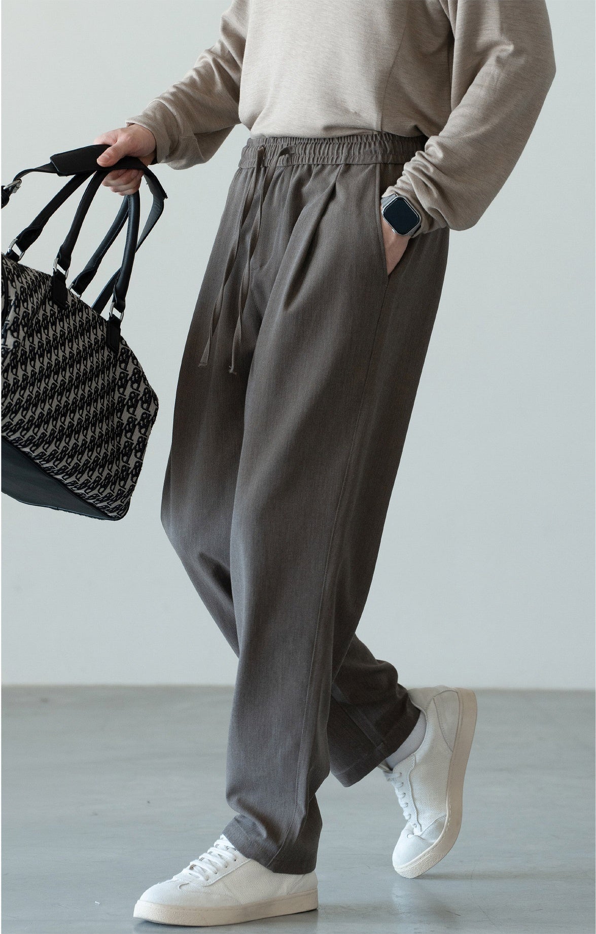 Men's Wool-Blend Relaxed Tapered Commuter Trousers - Drawstring Elastic Waist  - GREY