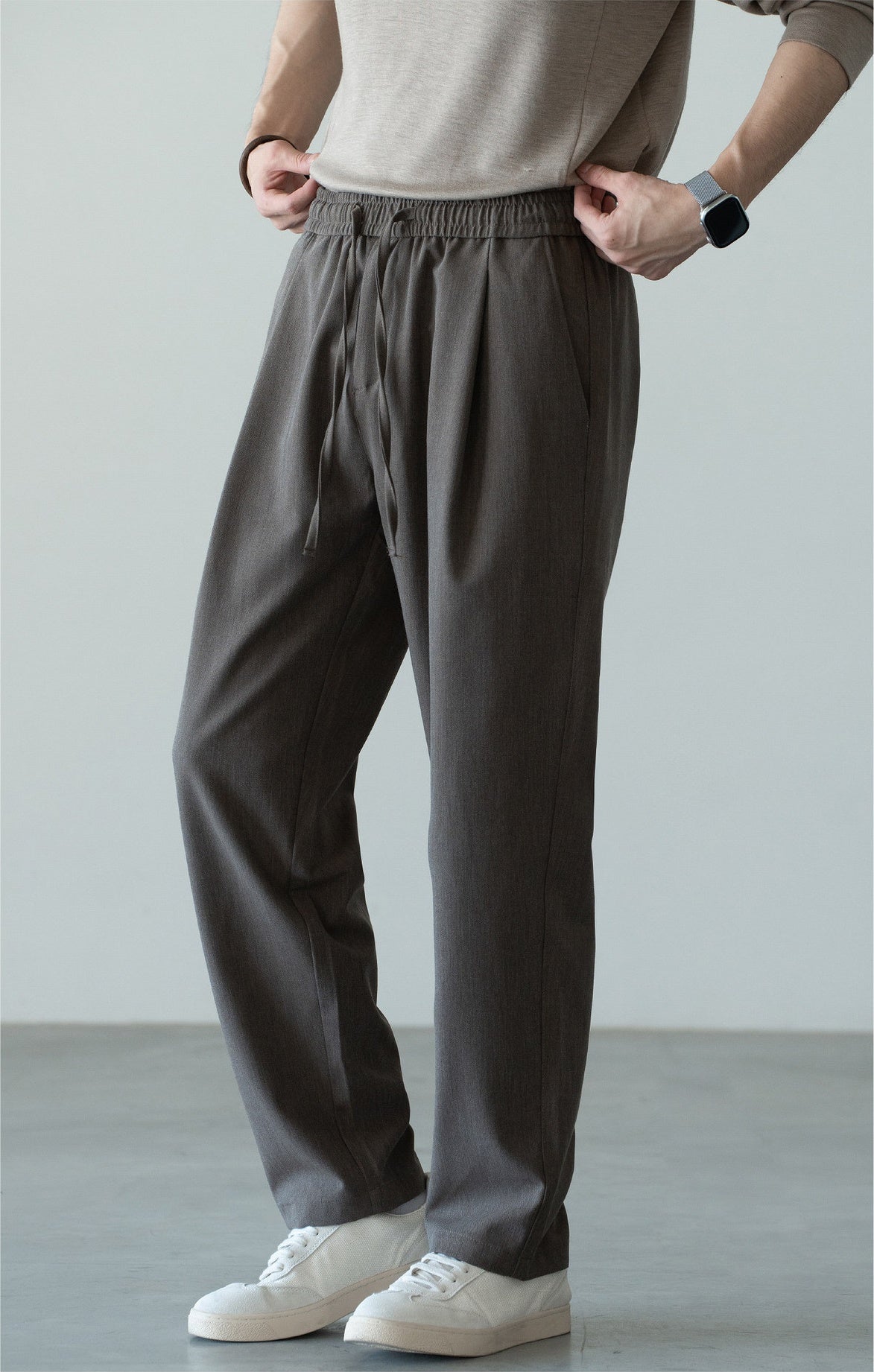 Men's Wool-Blend Relaxed Tapered Commuter Trousers - Drawstring Elastic Waist  - GREY