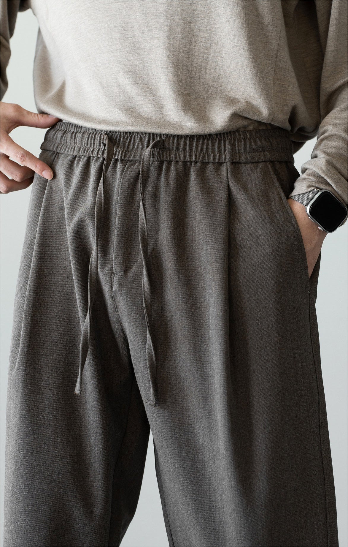 Men's Wool-Blend Relaxed Tapered Commuter Trousers - Drawstring Elastic Waist  - GREY