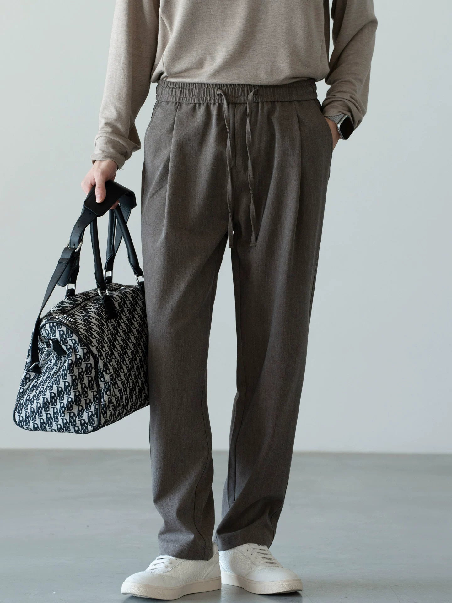 Men's Wool-Blend Relaxed Tapered Commuter Trousers - Drawstring Elastic Waist  - GREY