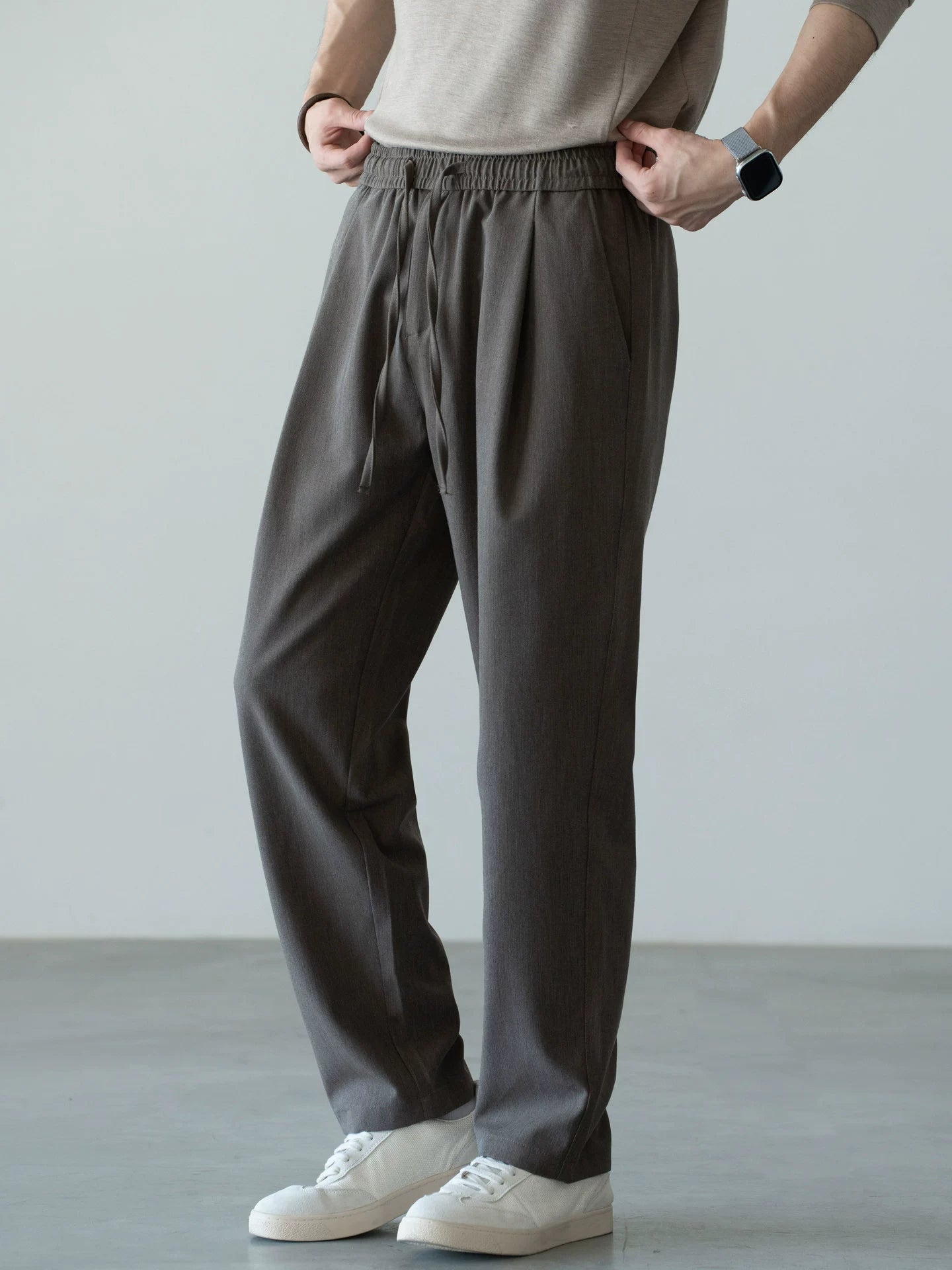 Men's Wool-Blend Relaxed Tapered Commuter Trousers - Drawstring Elastic Waist  - GREY