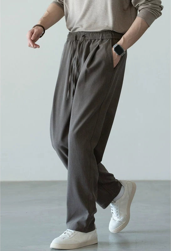 Men's Wool-Blend Relaxed Tapered Commuter Trousers - Drawstring Elastic Waist  - GREY
