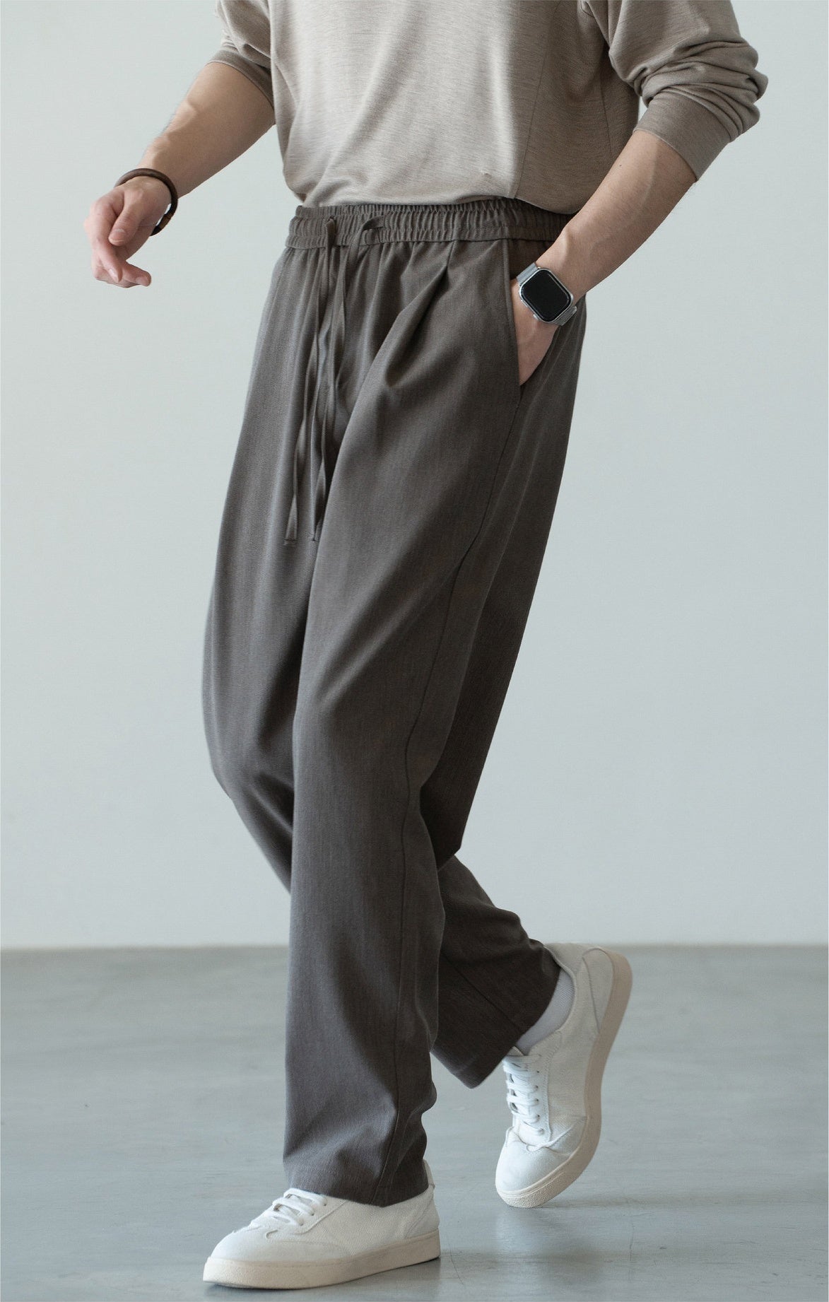 Men's Wool-Blend Relaxed Tapered Commuter Trousers - Drawstring Elastic Waist  - GREY