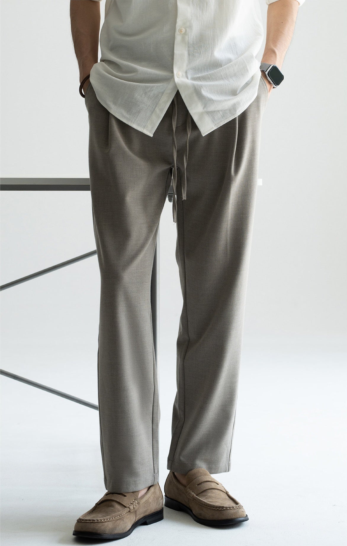 Men's Wool-Blend Relaxed Tapered Commuter Trousers - Drawstring Elastic Waist  - TAUPE