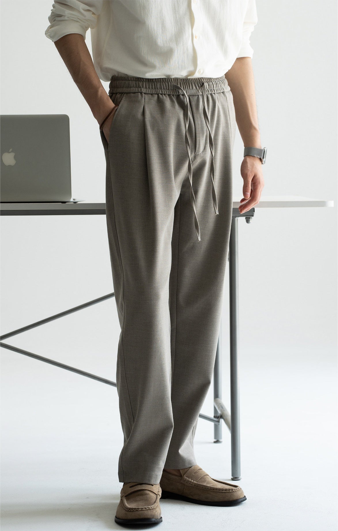 Men's Wool-Blend Relaxed Tapered Commuter Trousers - Drawstring Elastic Waist  - TAUPE