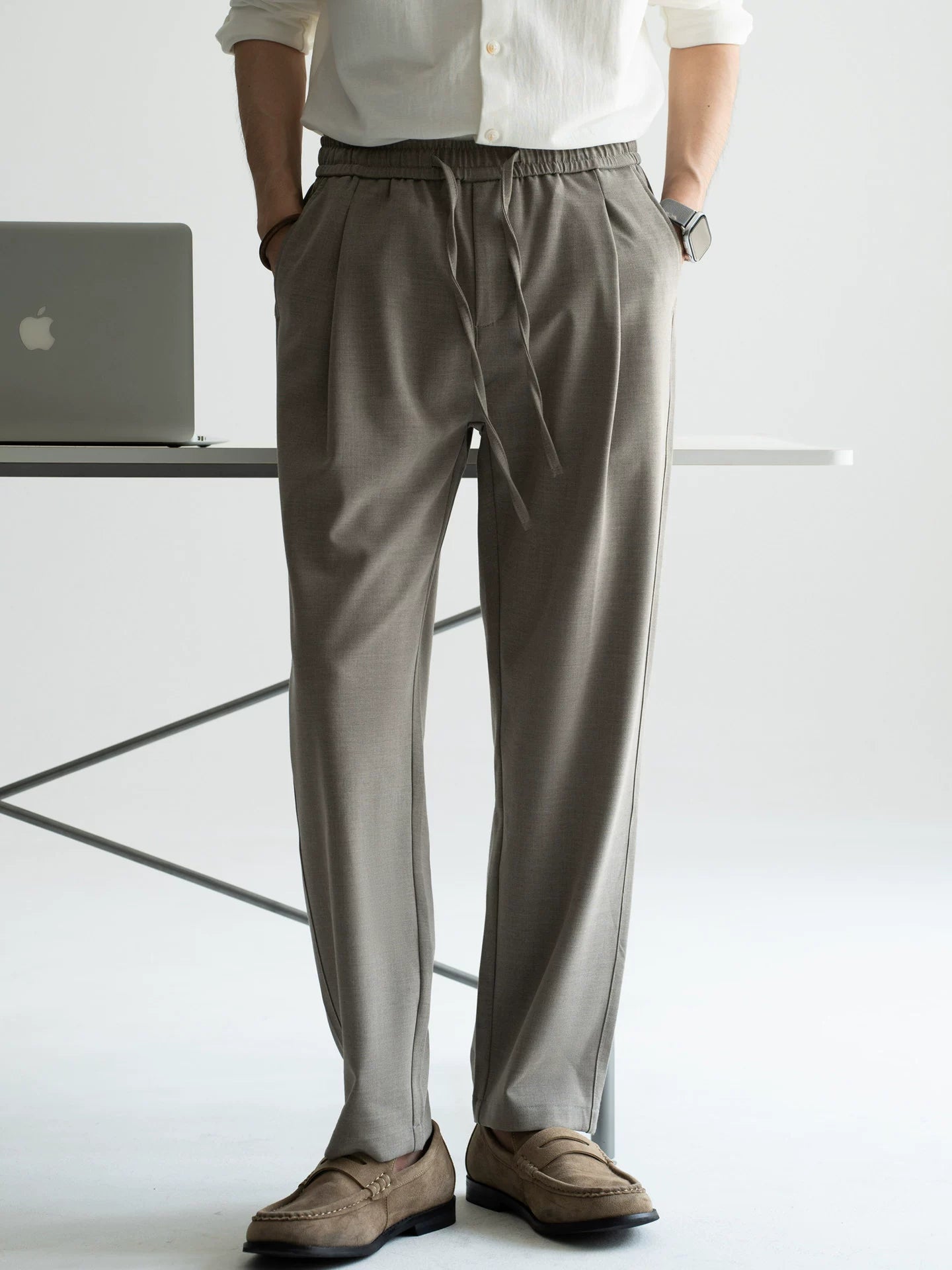 Men's Wool-Blend Relaxed Tapered Commuter Trousers - Drawstring Elastic Waist  - TAUPE