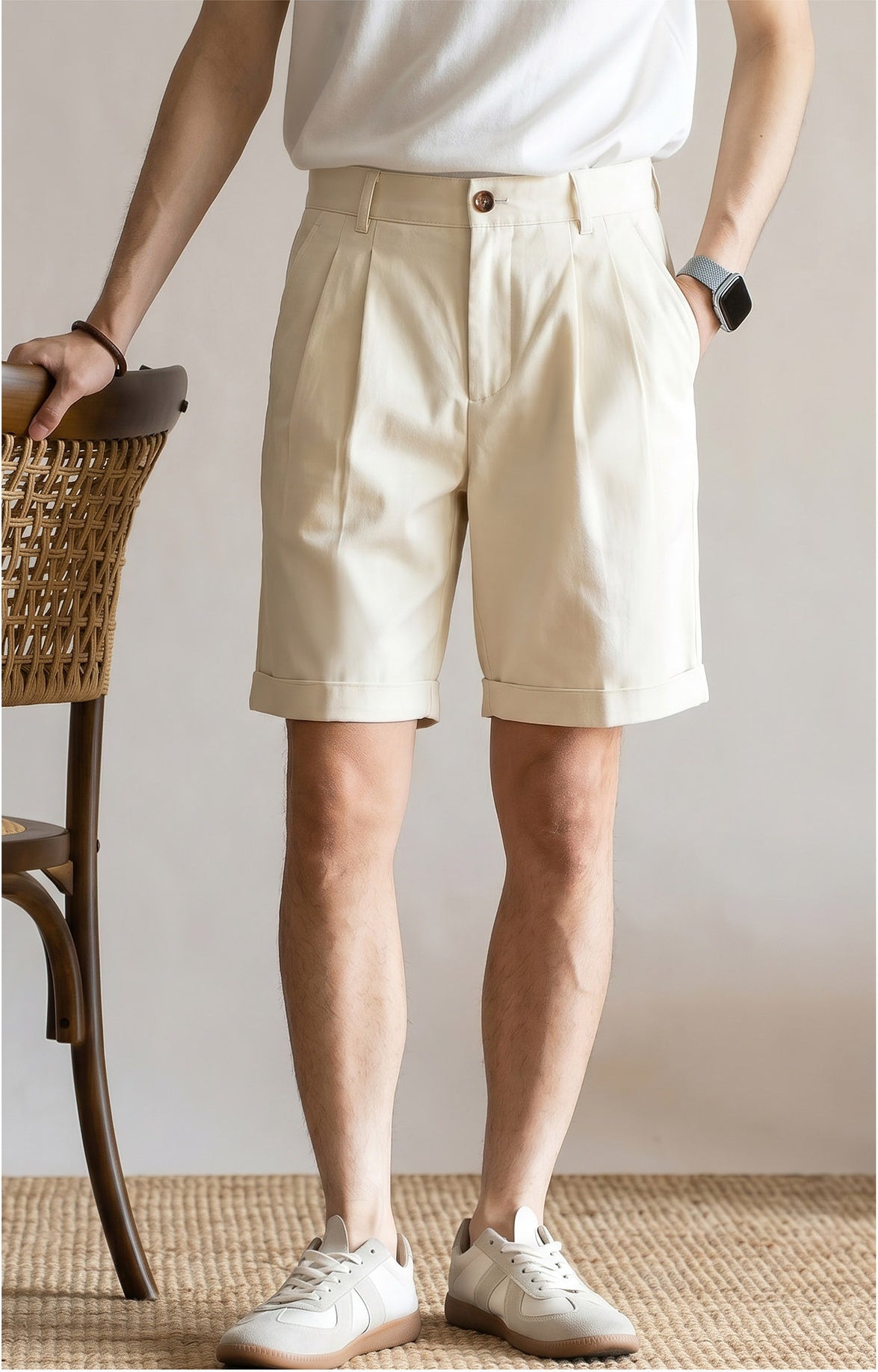 Men's Quiet Luxury Japanese Style 57% Lyocell-Cotton Blend Tailored Bermuda Shorts - APRICOT