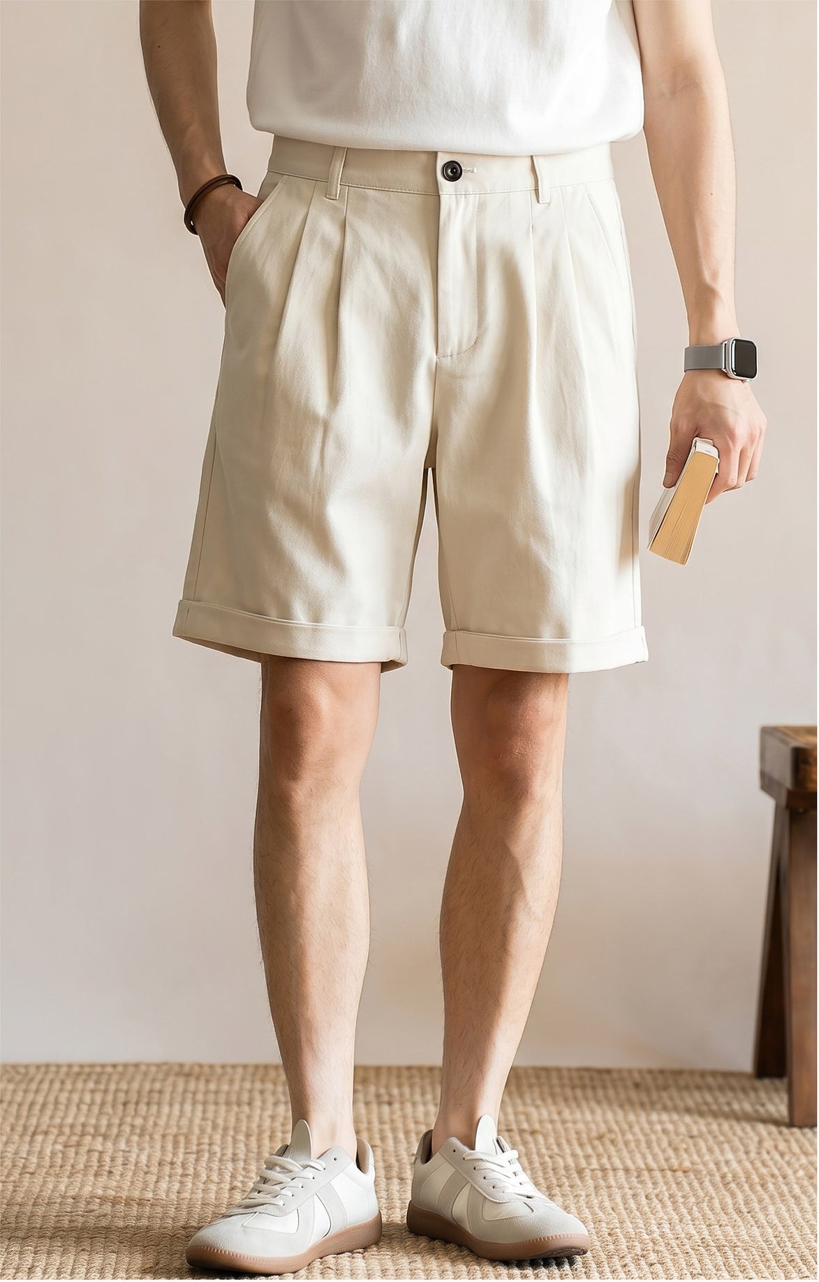 Men's Quiet Luxury Japanese Style 57% Lyocell-Cotton Blend Tailored Bermuda Shorts - APRICOT