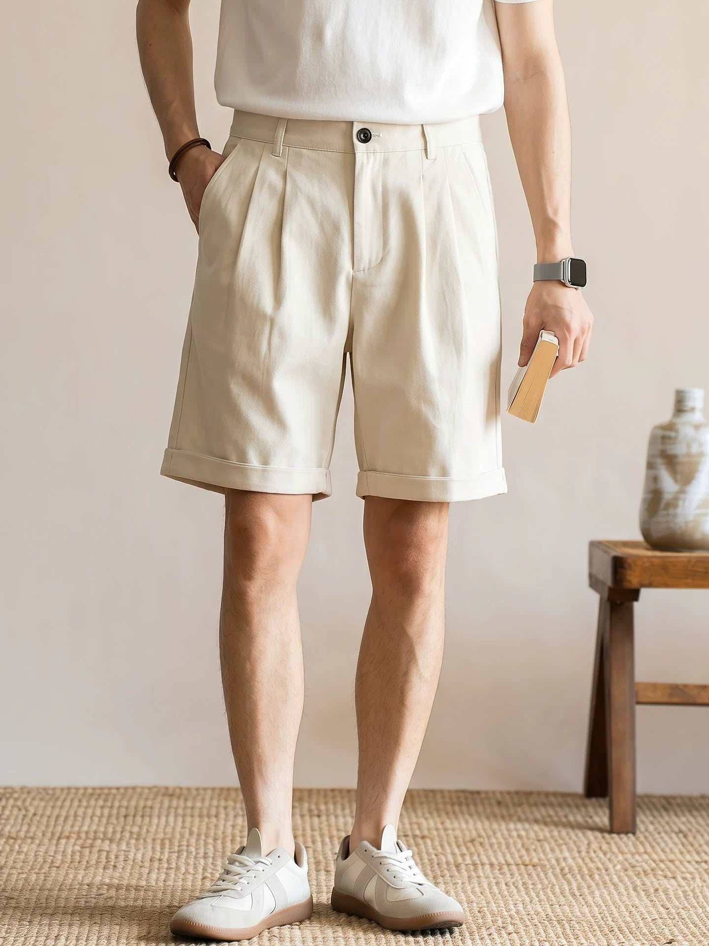 Men's Quiet Luxury Japanese Style 57% Lyocell-Cotton Blend Tailored Bermuda Shorts - APRICOT