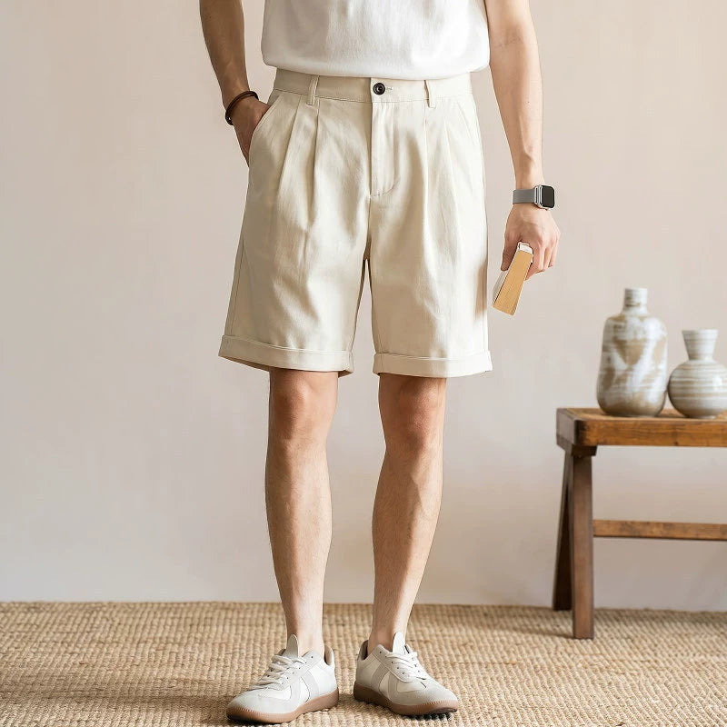 Men's Quiet Luxury Japanese Style 57% Lyocell-Cotton Blend Tailored Bermuda Shorts - APRICOT