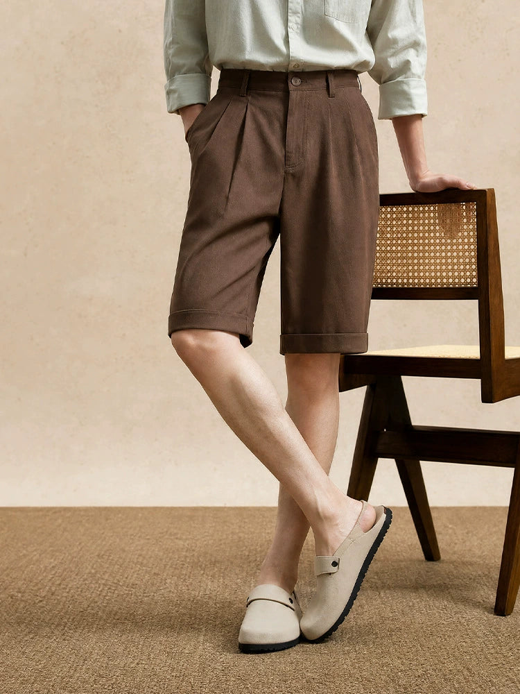 Men's Quiet Luxury Japanese Style 57% Lyocell-Cotton Blend Tailored Bermuda Shorts - BROWN