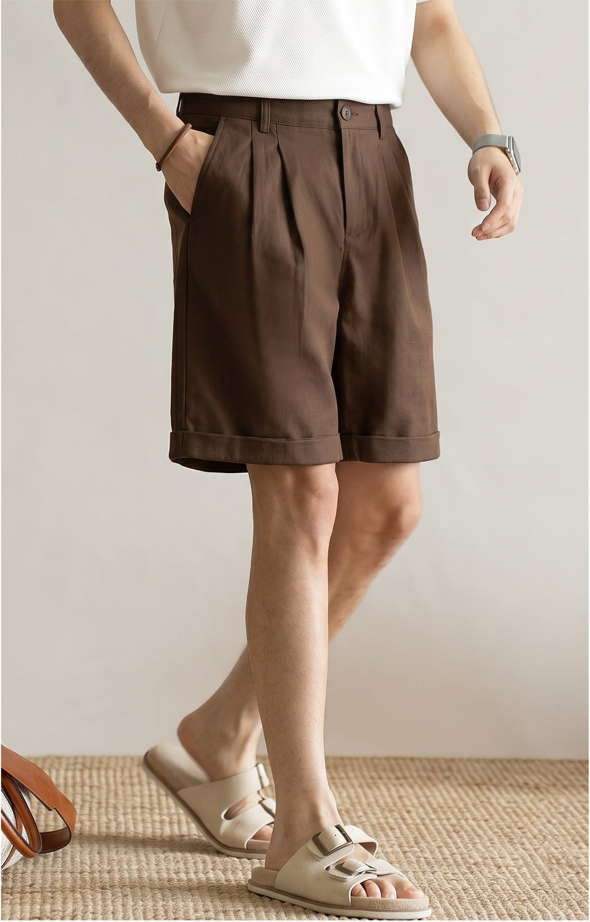 Men's Quiet Luxury Japanese Style 57% Lyocell-Cotton Blend Tailored Bermuda Shorts - BROWN