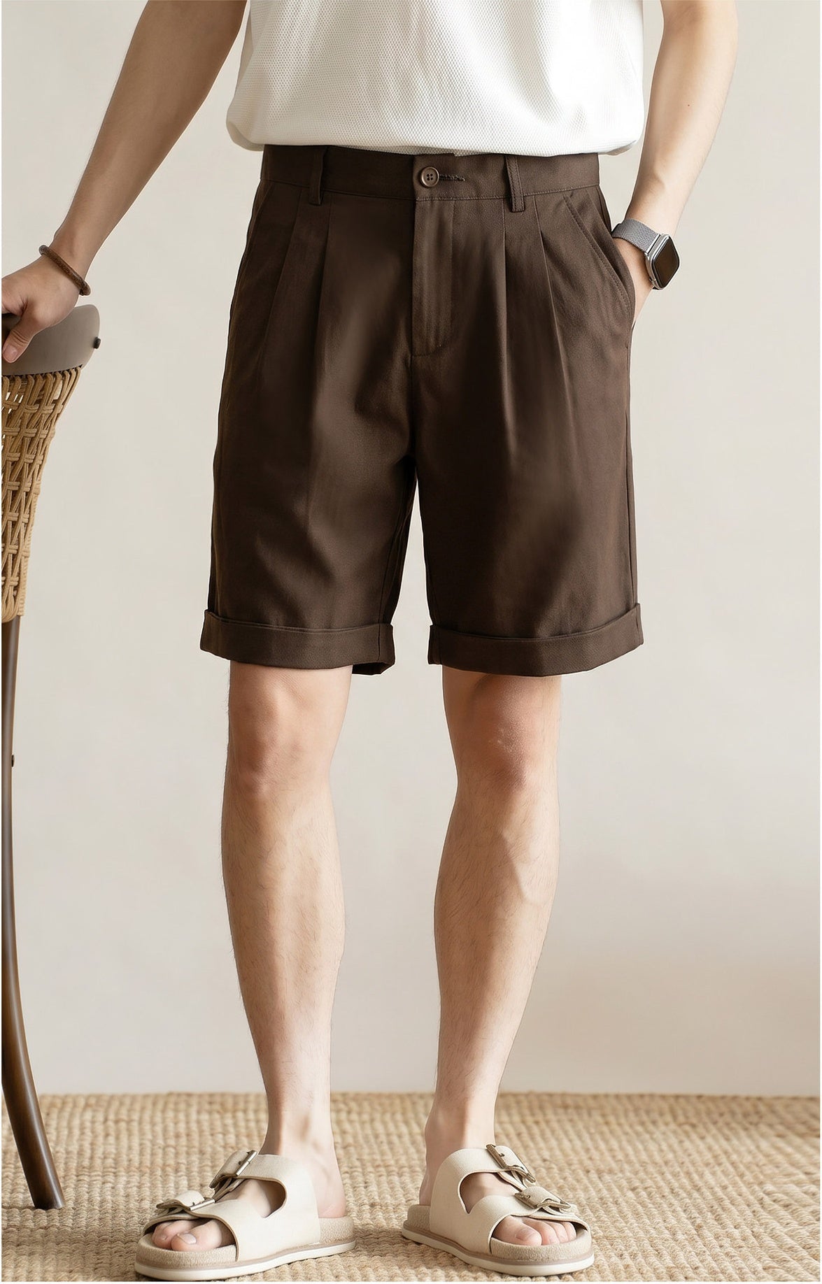 Men's Quiet Luxury Japanese Style 57% Lyocell-Cotton Blend Tailored Bermuda Shorts - BROWN