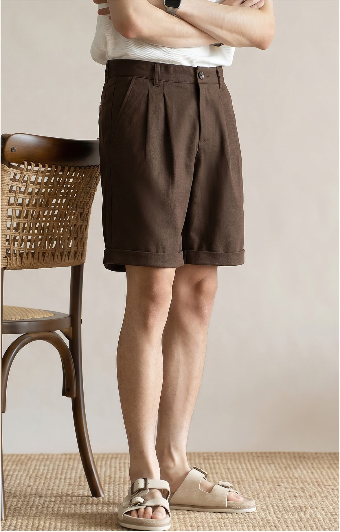Men's Quiet Luxury Japanese Style 57% Lyocell-Cotton Blend Tailored Bermuda Shorts - BROWN