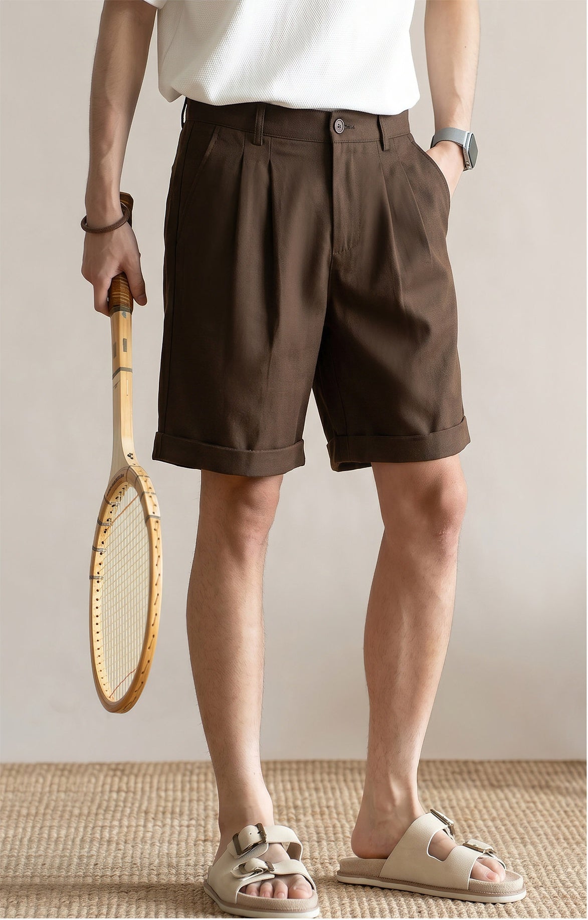 Men's Quiet Luxury Japanese Style 57% Lyocell-Cotton Blend Tailored Bermuda Shorts - BROWN